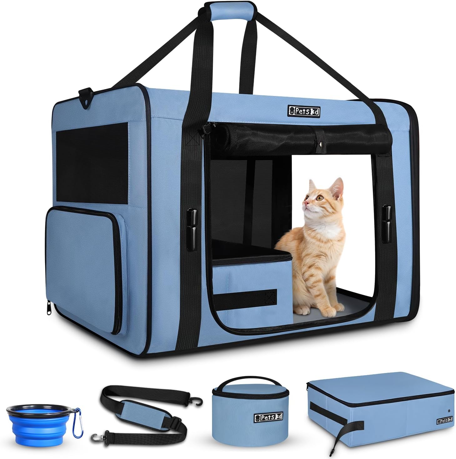 24"x17"x17" Petskd Side Expandable Extra Large Cat Carrier with Litter Box Area for Car Travel, Collapsible Soft Large Pet Carrier or 2 Cats Under 55LBS with Seat Belt Buckles(Blue)