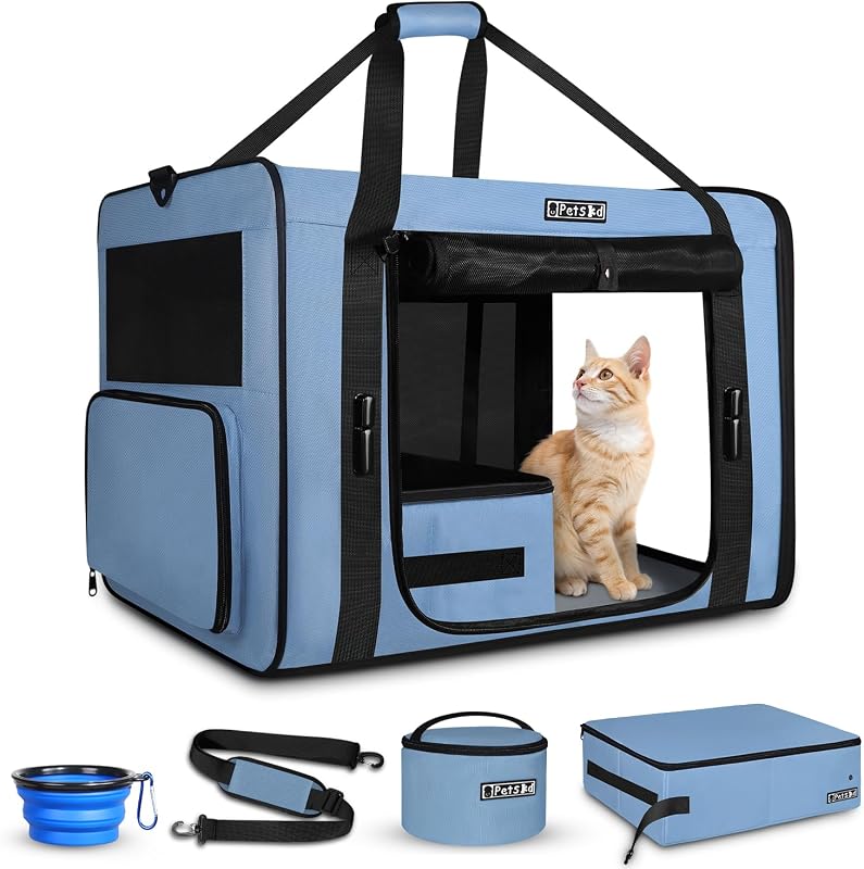 26"x17"x17" Extra Large Cat Carrier with Litter Box, Blue | With Seat Belt Buckles and Lockable Zippers, Collapsible, For Car Travel, For Large Cat or 2 Small Cats under 55LBS
