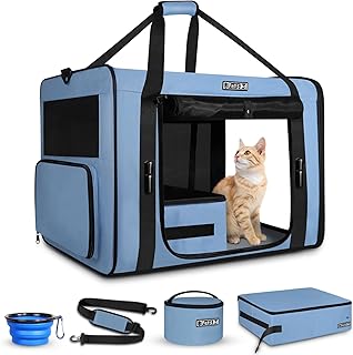 Petskd 26"x17"x17" Extra Large Cat Carrier with Litter Box for Large Cat or 2 Small Cats under 55LBS, Collapsible Soft Sided Pet Carrier for Car Travel with Seat Belt Buckles and Locking Zippers(Blue)