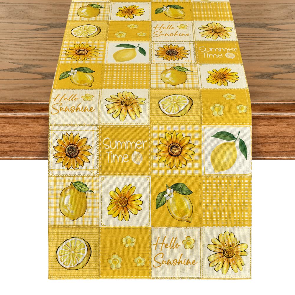 Artoid Mode Buffalo Plaid Lemons Sunflowers Flower Summer Table Runner, Seasonal Spring Kitchen Dining Table Decoration for Home Party Decor 40x140 cm