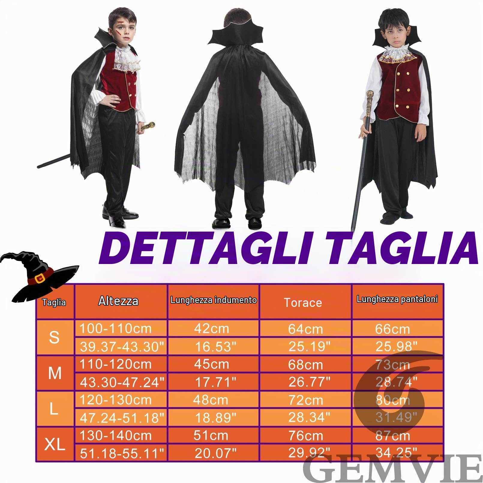 GEMVIE Costume da vampiro 4-12 Anni per bambini e ragazzi Dracula Twilight Costume di Travestimento Royal Halloween Carnevale Mantello Vampiro Cosplay Nero