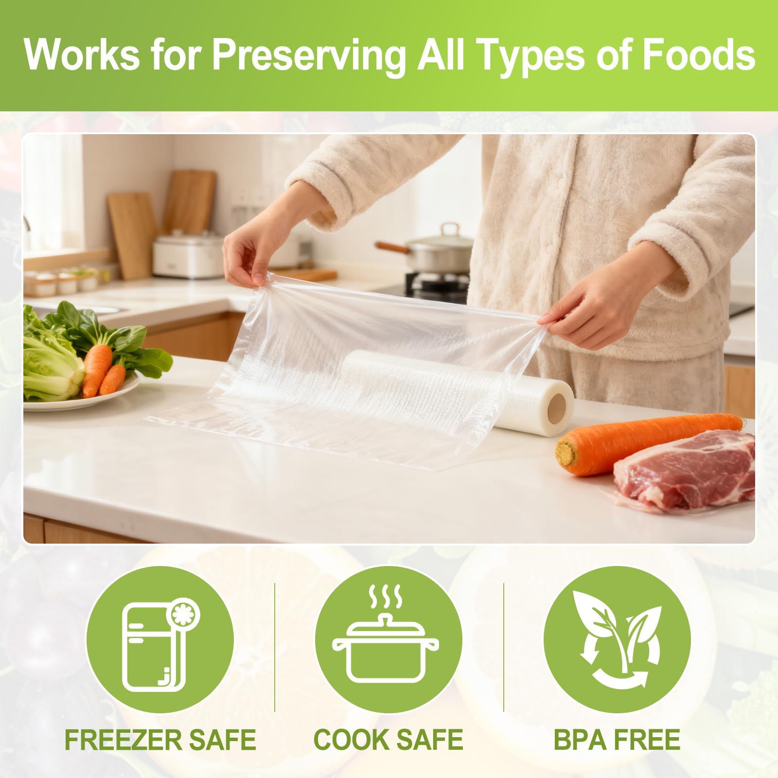 4 rollos de bolsas de sellador al vacío, compatibles con la mayoría de selladores al vacío, 11 x 16,4 pulgadas y 8,3 x 16,4 pulgadas, resistentes sin BPA para preparación de alimentos, Sous Vide