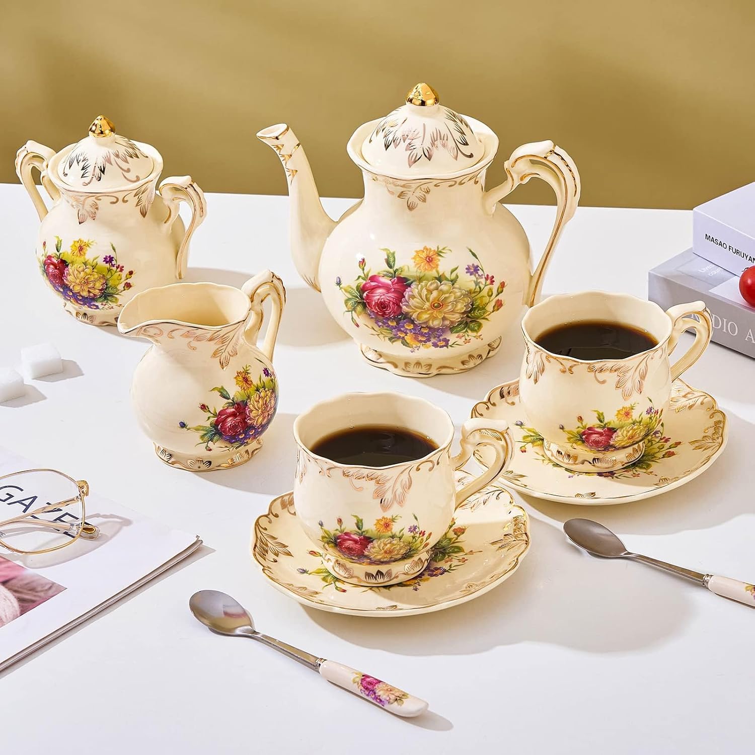 Tea Cups and Saucers Set of 4, 8 Oz Ivory Floral Porcelain Teacup and Saucer Set with Gold Trim, Vintage Tea Cups with Spoon, European Style (Colorful Floral)