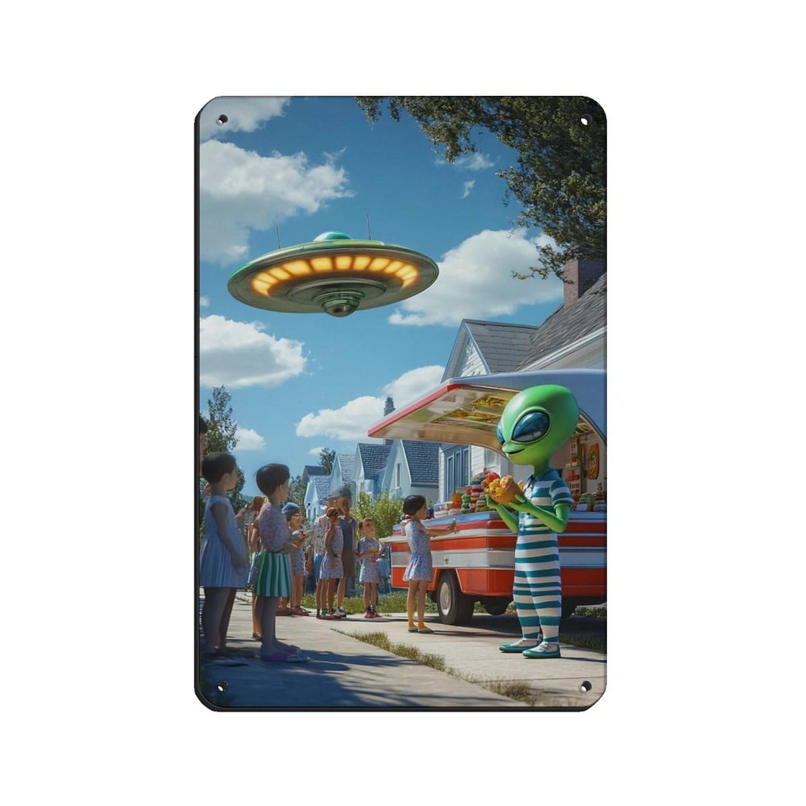 Lxwnze 20L X 30W Cm Alien Ice Cream Truck, Ufo And Alien Tin Sign Vintage Metal Pub Club Cafe Bar Home Wall Art Decoration Poster Retro 8X12inch(20X30cm)