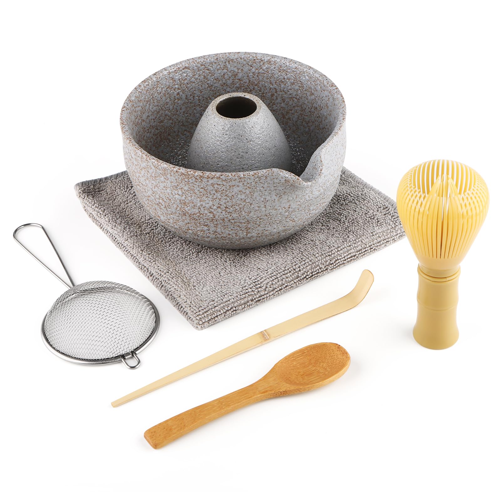 7 Pcs Matcha Set,Matcha Tea for Making Breakfast/Latte,Whisk Set and Bowl with All Accessories,Gift for Lover，Grey-White Bowl, Stirrer Yellow