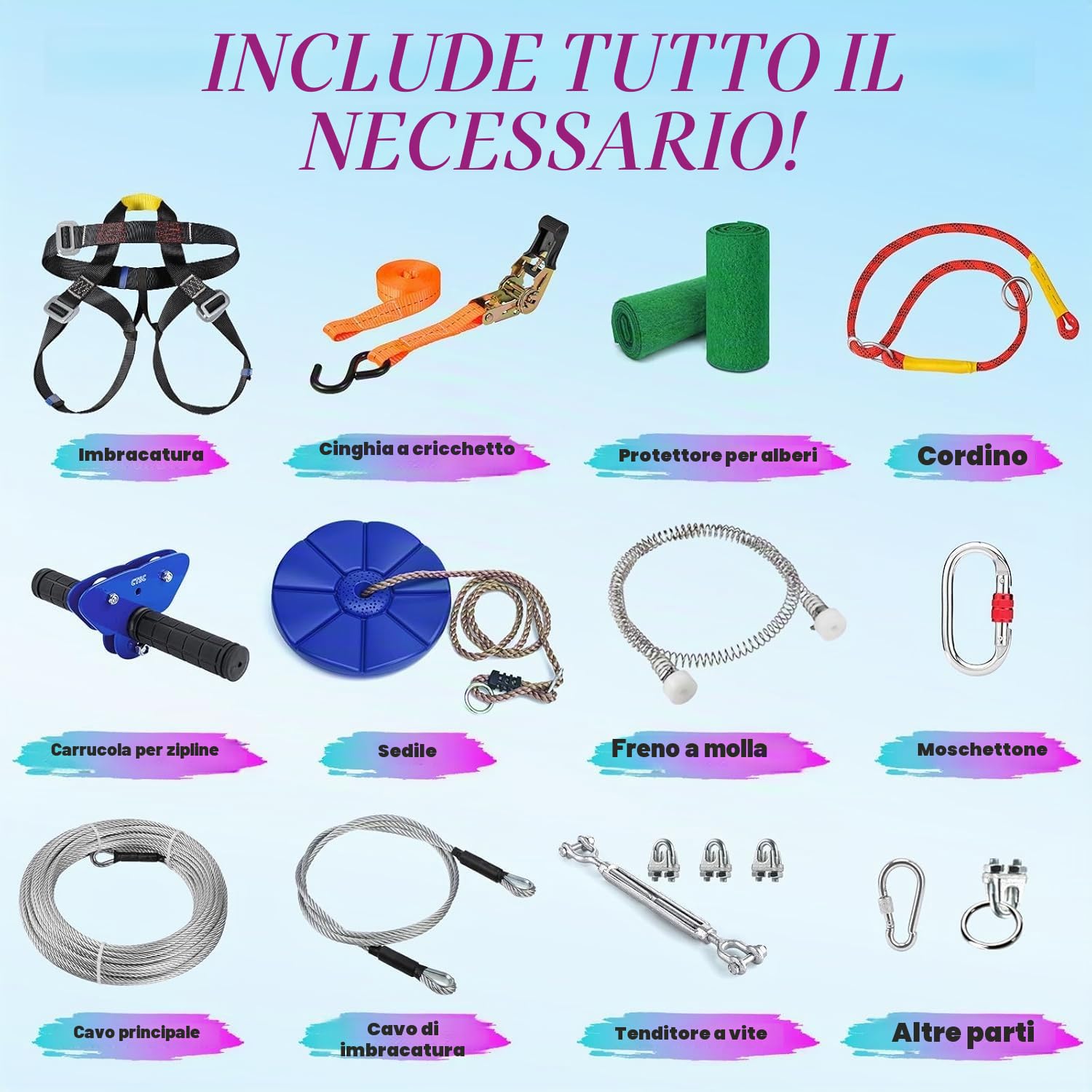 CTSC Set teleferica giocattolo da giardino per famiglie, teleferica per bambini esterni 25m, con freno a molla in acciaio inox, carrucola trolley, cintura di sicurezza, divertimento colorato e