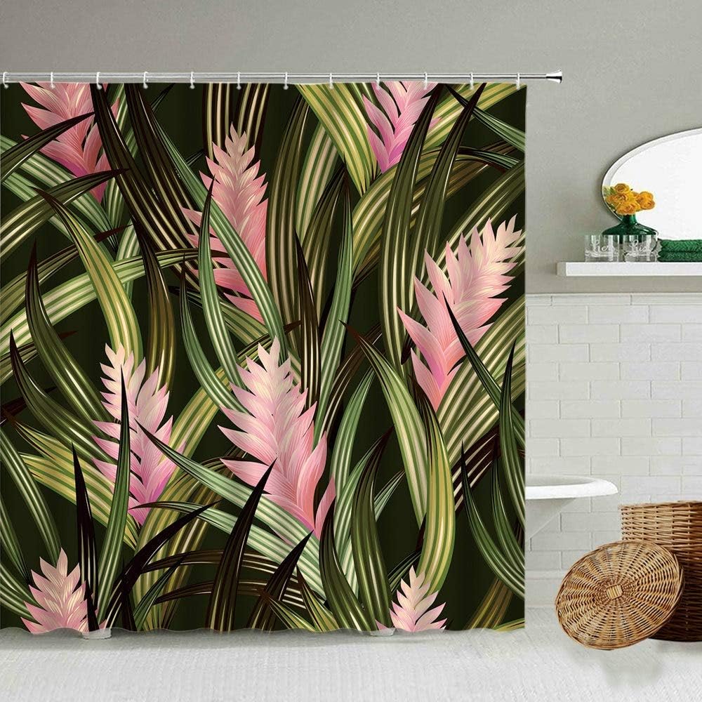 XCBN Cortina de Ducha de Planta Verde Tropical Palma Tung Hoja de Tortuga Fondo Negro Cortinas de Tela Impermeables para baño A10 150x200cm