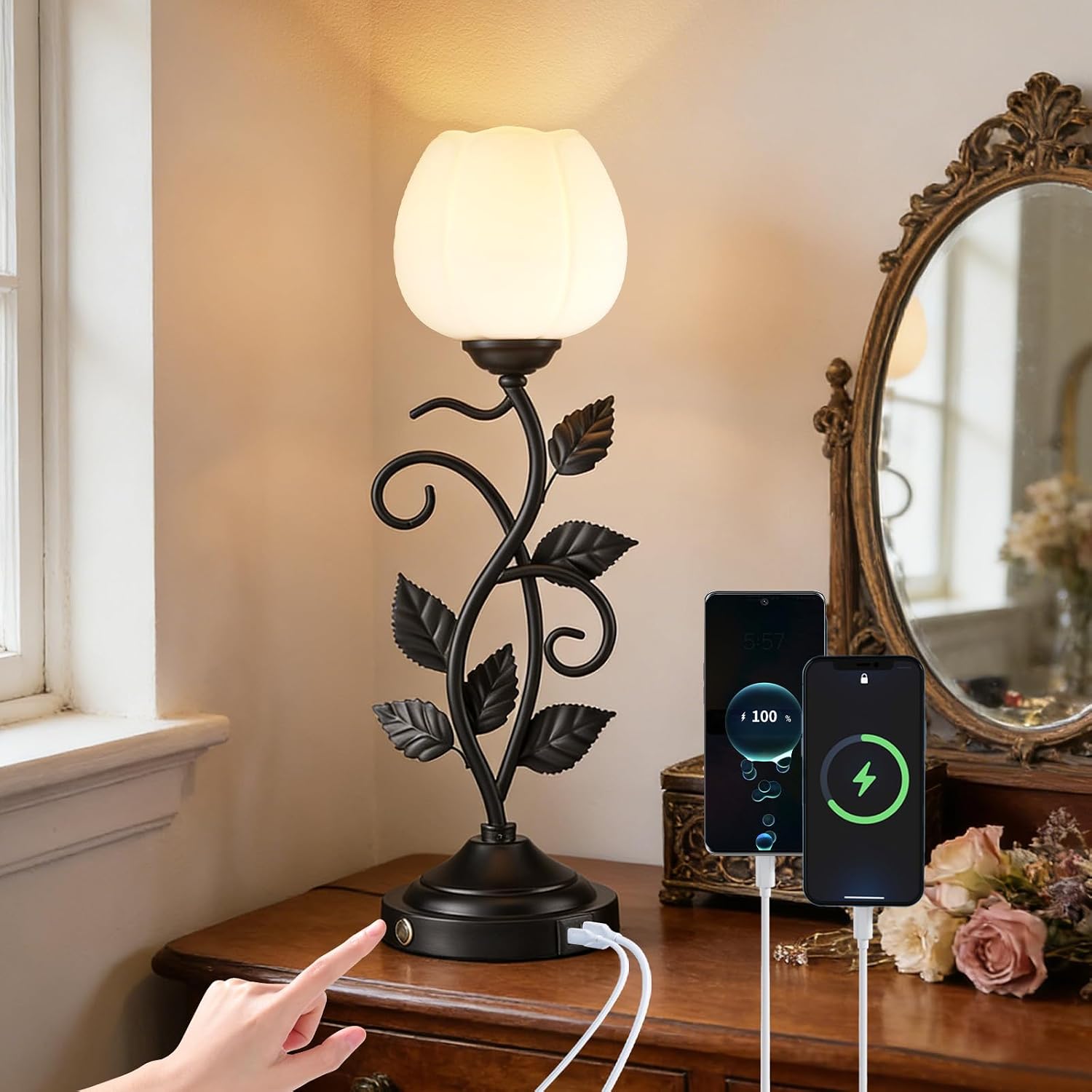 Hamilyeah Black Table Lamps Set of 2 with Bulbs Included, Vintage Flower Bedside Lamps with White Glass Shades, Nightstand Lamps with USB and USB-C Charging Ports for Bedroom, Living Room