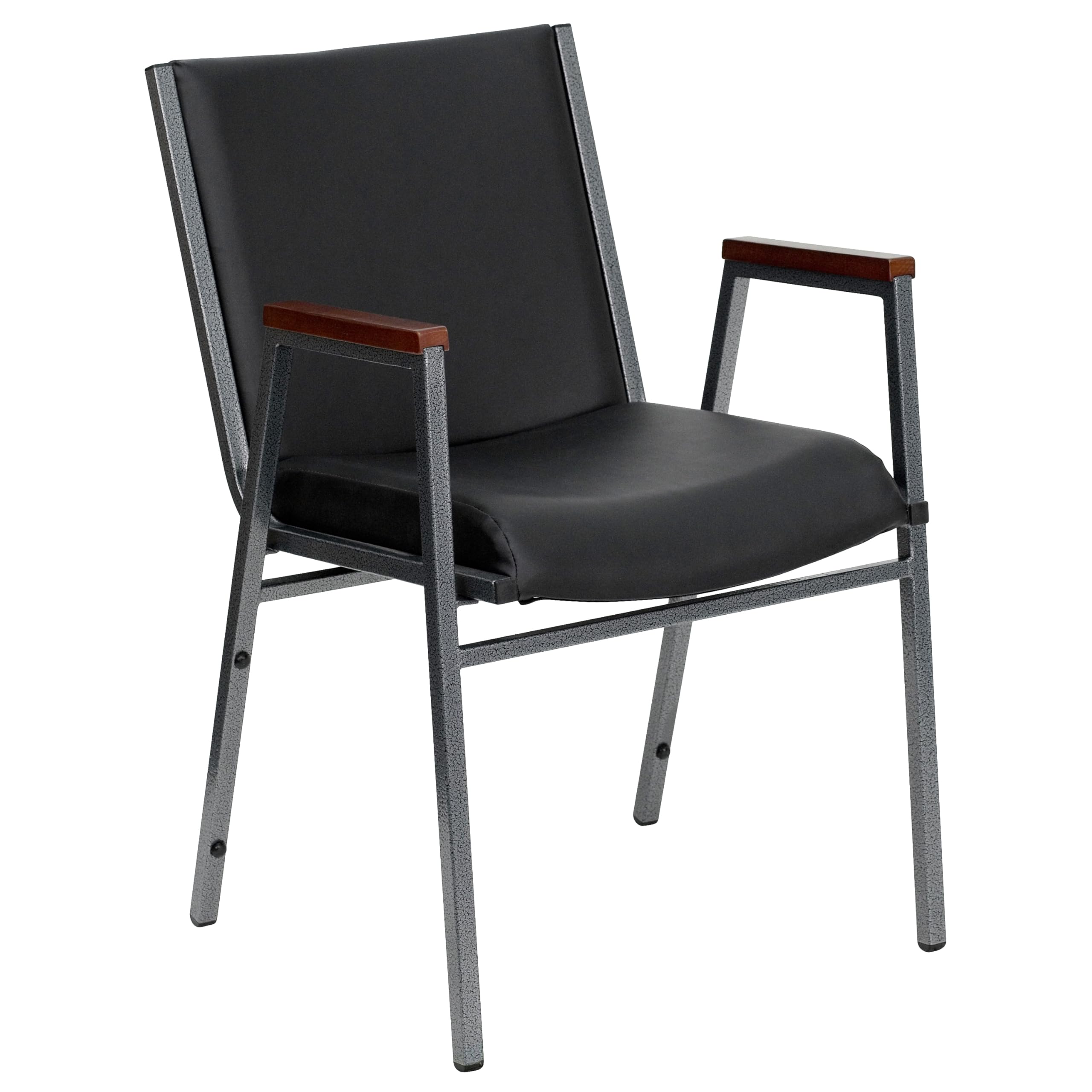 HERCULES Series Heavy Duty Black Vinyl Stack Chair with Arms and Ganging Bracket