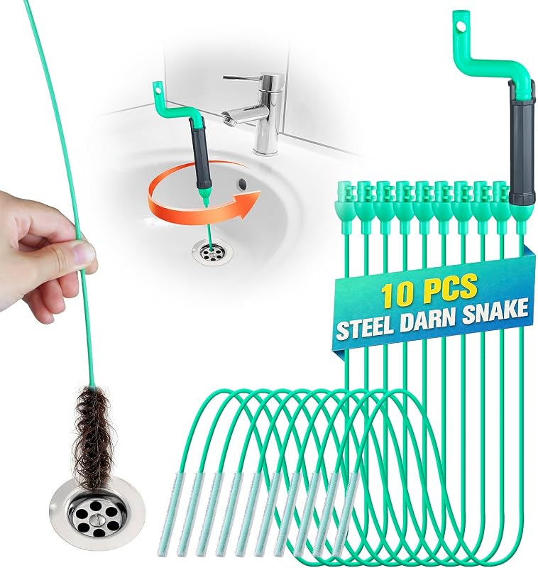 Herramienta de eliminación de obstrucciones de drenaje, eliminador de obstrucciones de cabello de 30 pulgadas, sinfín de serpientes de fontanería con mango giratorio, serpiente de drenaje de ducha de acero flexible para limpiar la ducha, bañera, fácil de usar en la mayoría de los hogares: paquete de 10