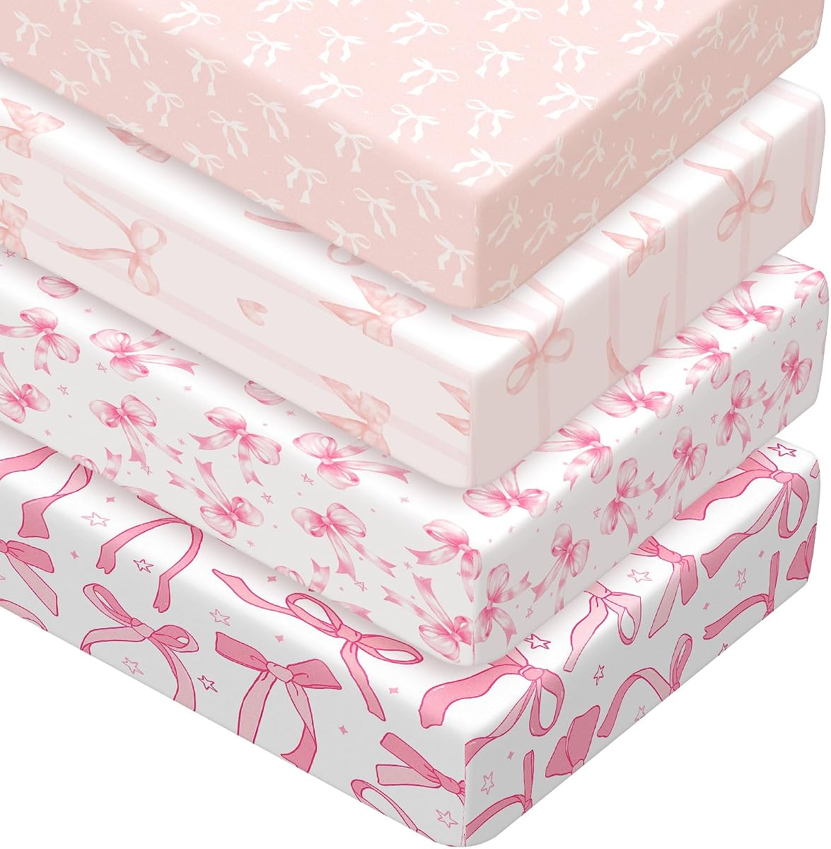 Peryiter 4 Pack Crib Sheets for Baby 52'' X 28" Pink Bow Crib Sheet | Baby Bed Sheet Set, Nursery Crib Sheets for Standard Bed ,Toddler Mattress Nursery Decor for Baby Shower Boys Girls Kids