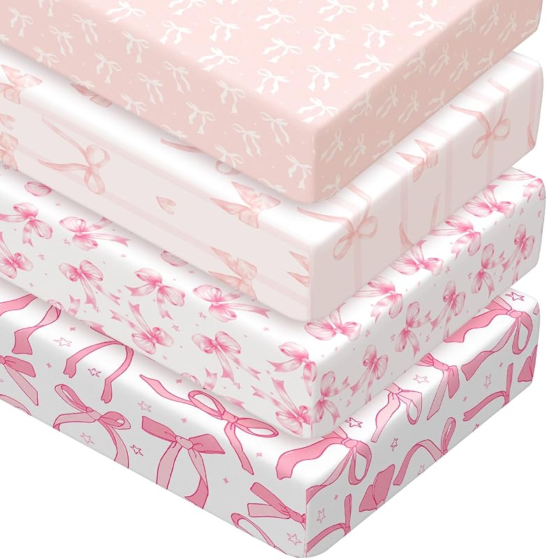 Peryiter 4 Pack Crib Sheets for Baby 52'' X 28" Pink Bow Crib Sheet | Baby Bed Sheet Set, Nursery Crib Sheets for Standard Bed ,Toddler Mattress Nursery Decor for Baby Shower Boys Girls Kids