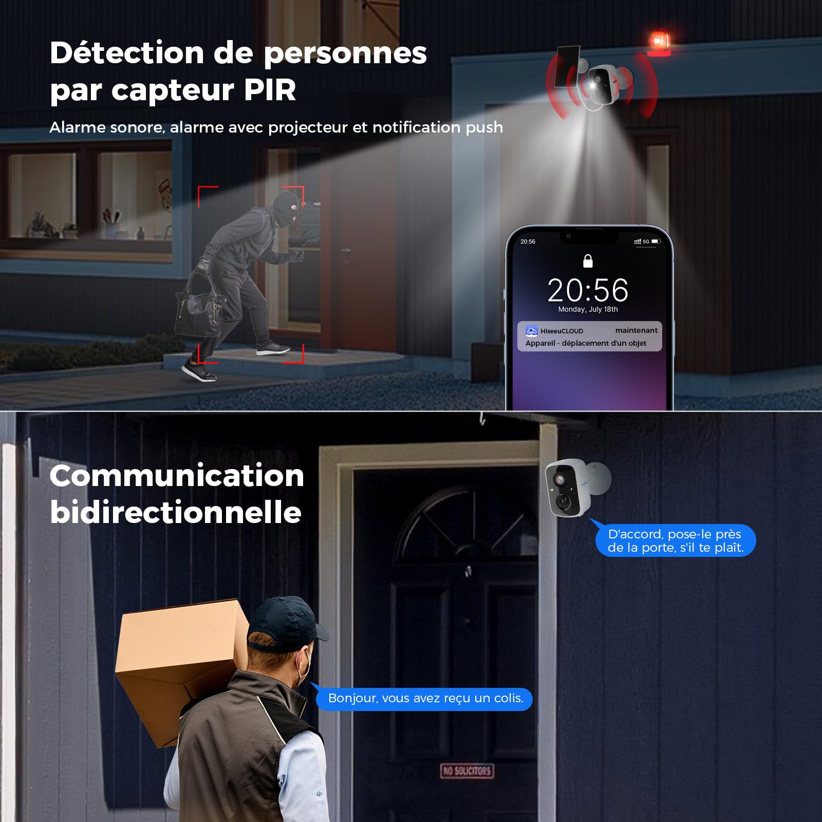 Hiseeu Caméra Sécurité Extérieure WiFi 4MP 3K, Panneau Solaire & Batterie, Détection Humaine PIR/IA, Sirène, Étanche IP66, Vision Nocturne Couleur, Audio Bidirectionnel, Cloud & Carte SD