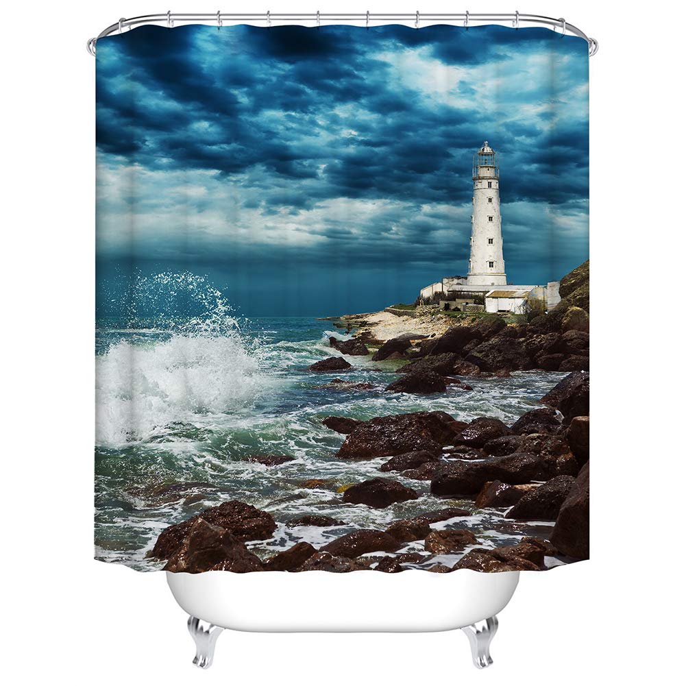 BOYOUTH Dark Clouds,Watchtowers and Waves Pattern Digital Print Shower Curtains for Bathroom Decor,Polyester Waterproof Fabric Bath Curtain with 12 Hooks,70x78 Inches,Multicolor