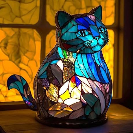 Mmoneyake Stained Glass Kitty Table Lamp