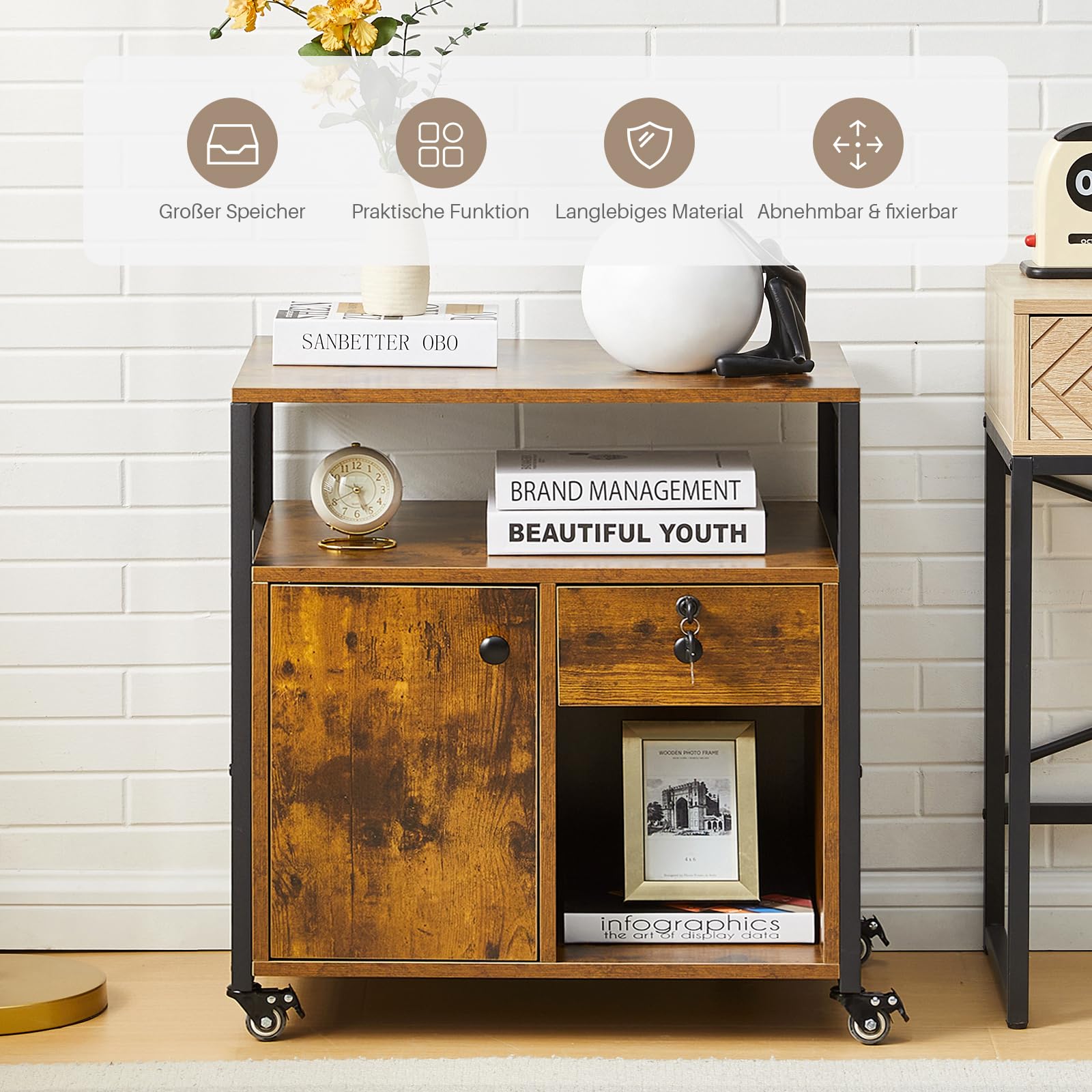 TUKAILAi Caisson de Bureau Rangement avec USB Port, Caisson Imprimante Mobile à Tiroir Verrouillables, Caisson Imprimante Mobile avec roulettes pour Format A4 Style Industriel (Marron Rustique)