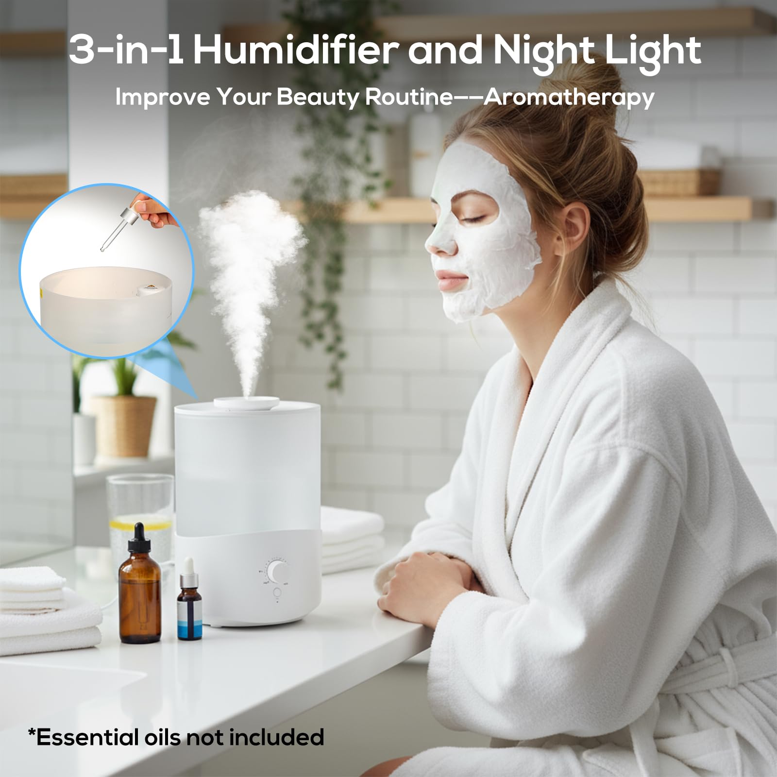Romon Humidificador Aire 2.5L Blanco, Hasta 28H para humificadores silencioso para Dormitorio, Hasta 28H, Nebulización 360° humidifier aceites esenciales para Plantas, Apagado Automático, 7 luces LED
