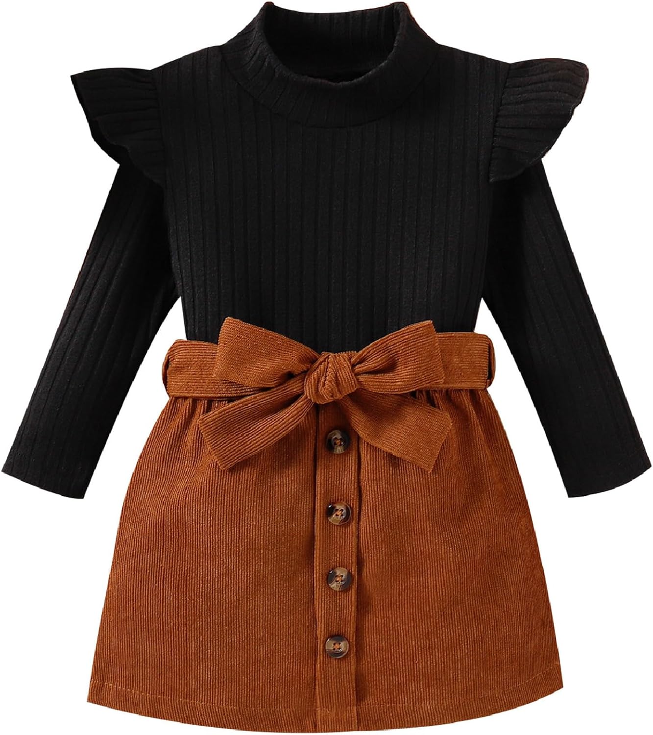 AMAWMW Toddler Baby Girl Fall Winter Clothes Long Sleeve Ruffle Shirt Corduroy Mini Skirt Infant Girl A-line Dress