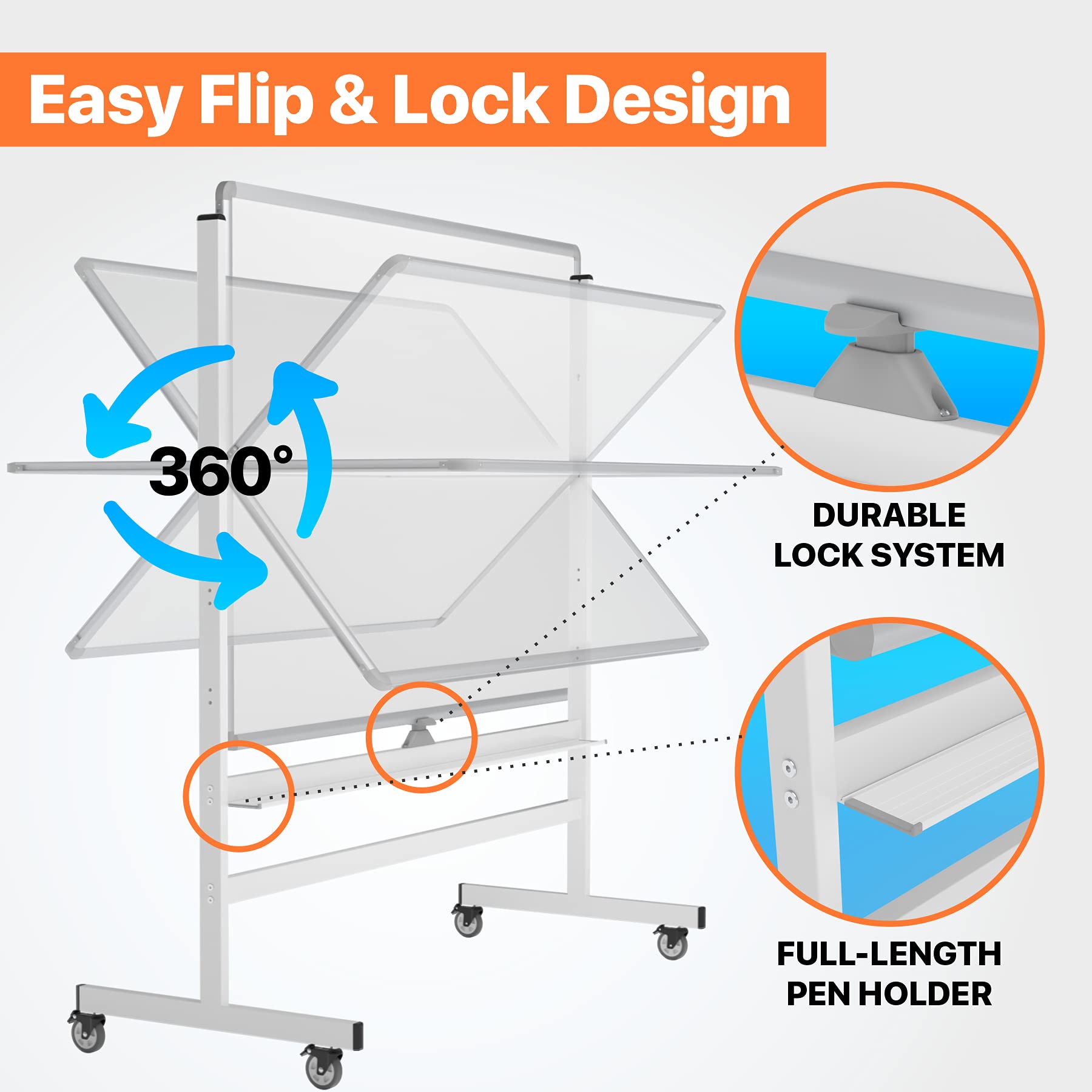 MARBS 48"x36" Rolling Whiteboard with Stand & Flipchart, Height Adjust