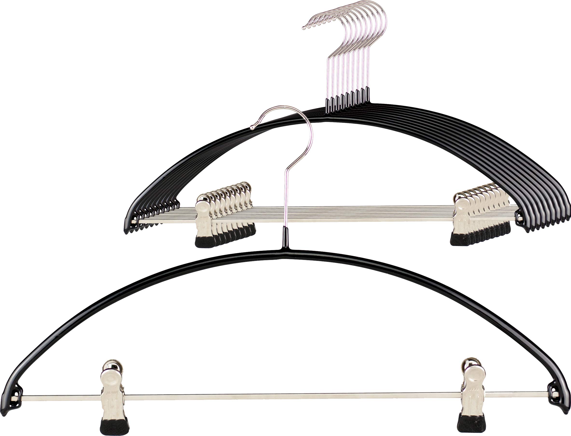 MAWA Perchas Antideslizantes que Ahorran Espacio, Modelo Economic PK, con Barra y Pinzas, para Camisetas, Pantalones, Faldas y Tops, Giratorias 360°, 36cm, Negro