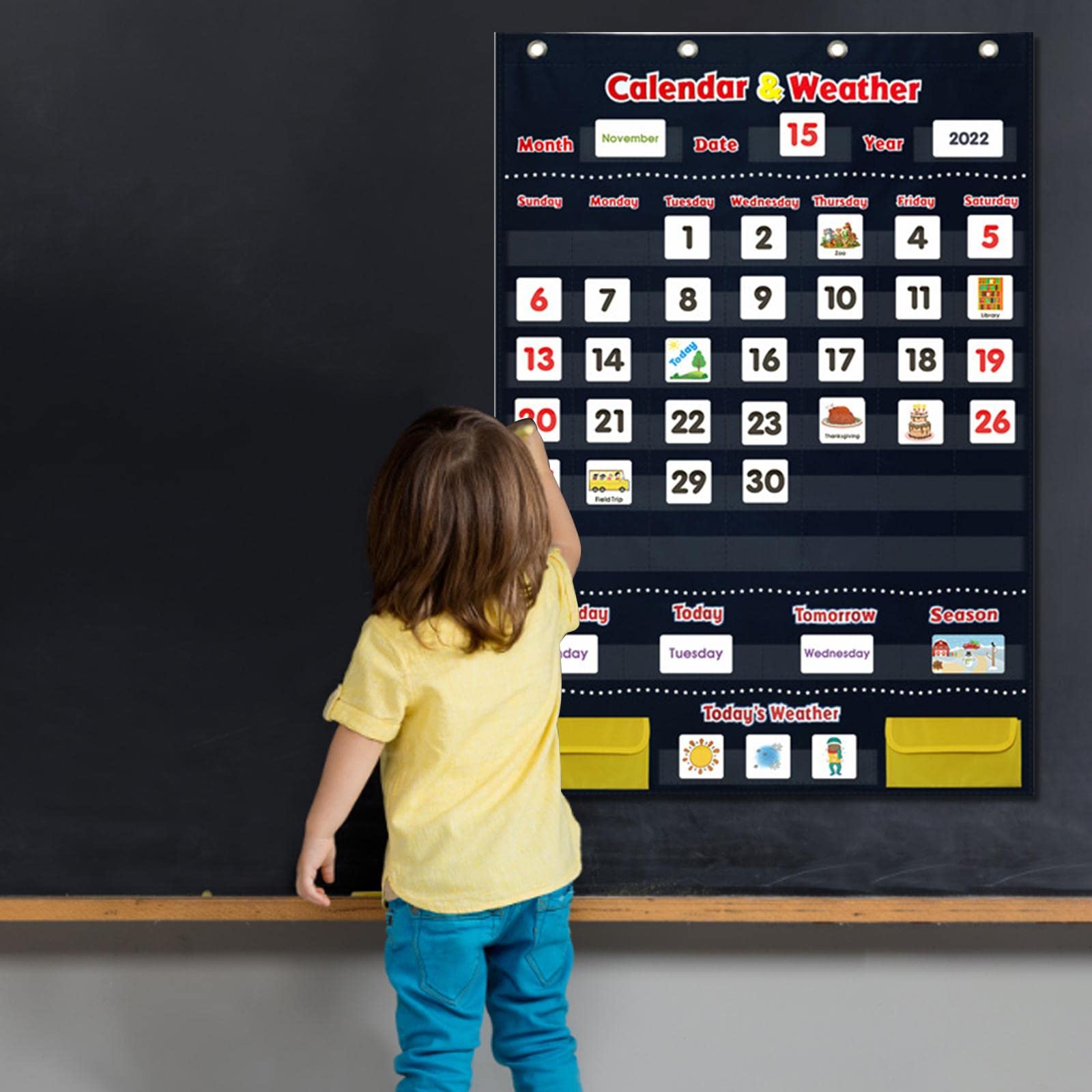 Qianly Calendrier et Tableau Météo de Poche avec 142 Cartes et 4 Crochets pour Enfants de 4 à 8 Ans
