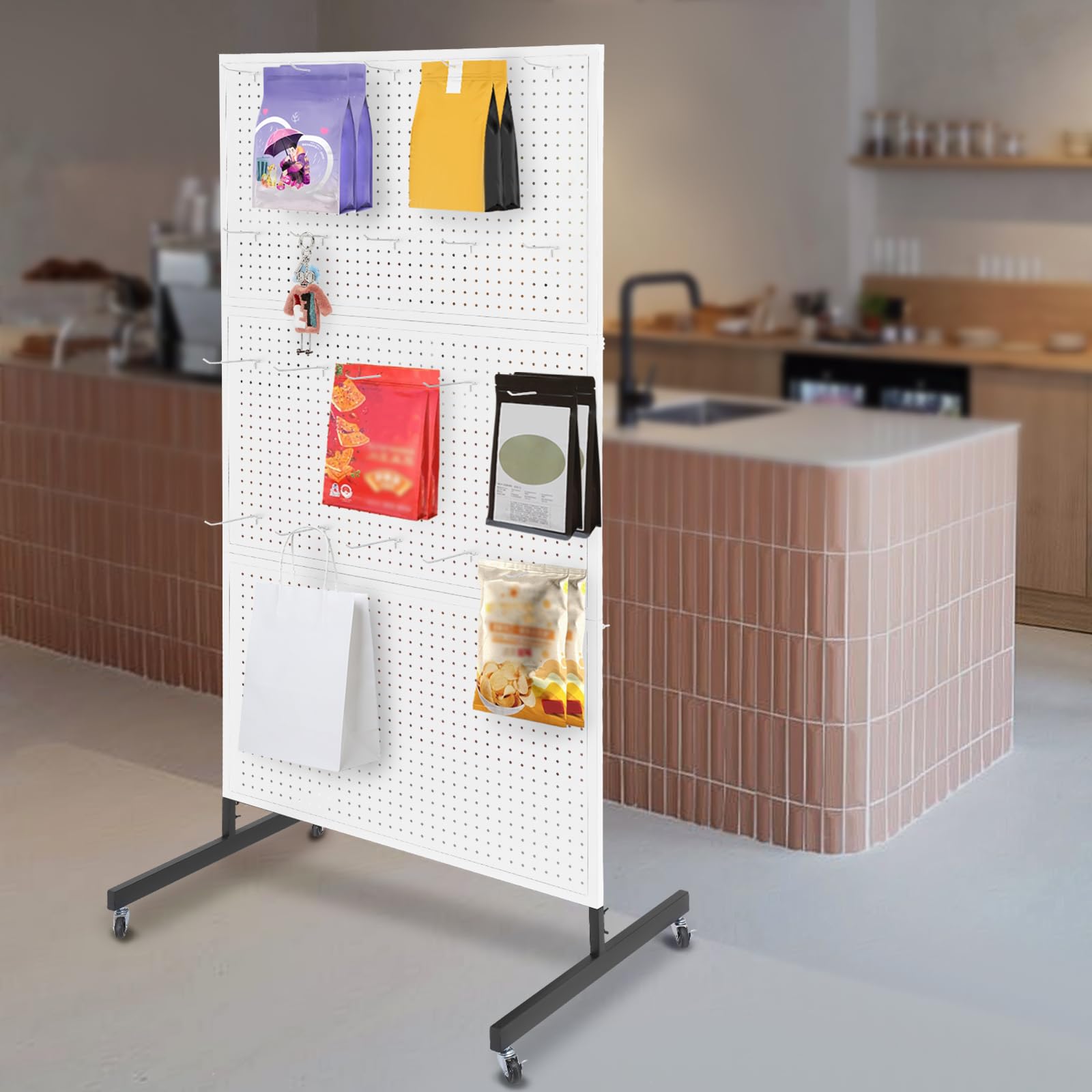 Bacocoo Three Fold Nail Board Display Rack with Wheels, White Metal Peg Board Display Stand,Pegboard Display with 20 pieces Hooks for Dividing Spaces or Decorating Study Rooms, Home Kitchens, Offices.