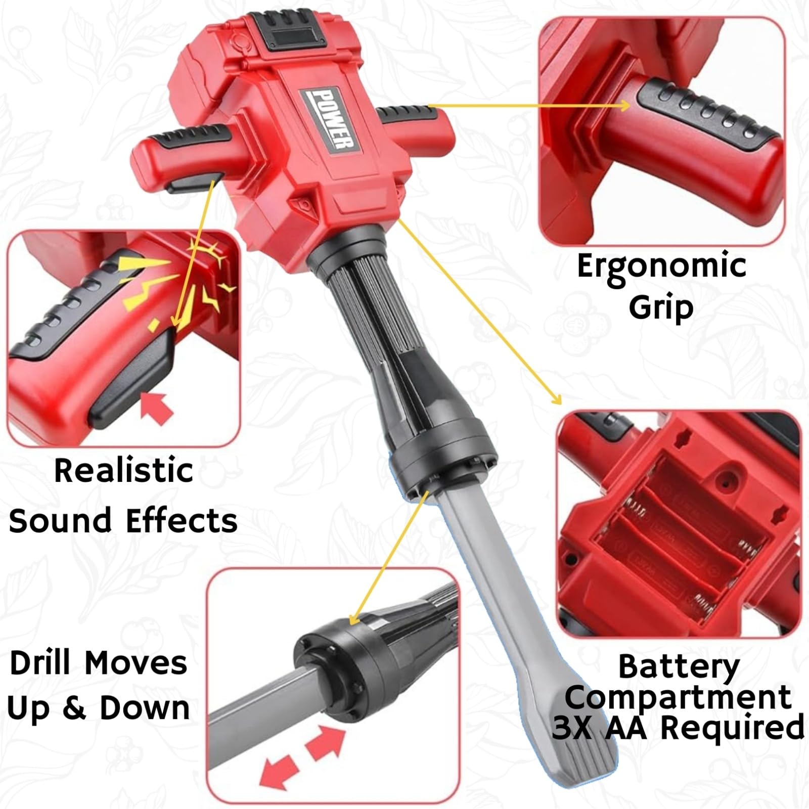 Kids Jackhammer Toy Drill with Goggle and Protection Mask – Pretend Play Power Tools with Realistic Sound & Action, Construction Toys and Equipment for Boys & Girls