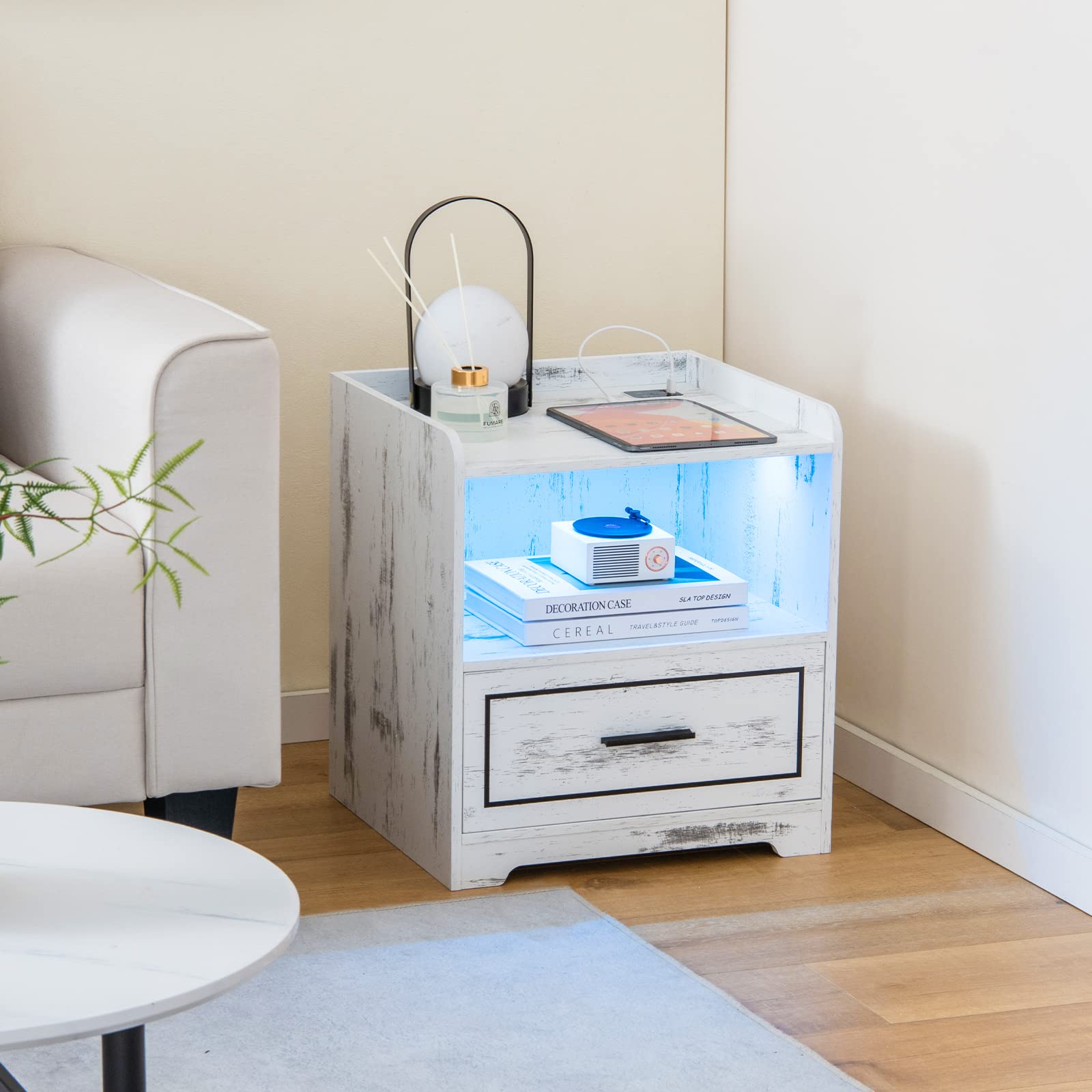 KOMFOTTEU Regulowany stolik nocny LED, ładowanie USB/Type-C, drewniana szuflada, Smart Tabel 45 x 40 x 50 cm (1, biały)
