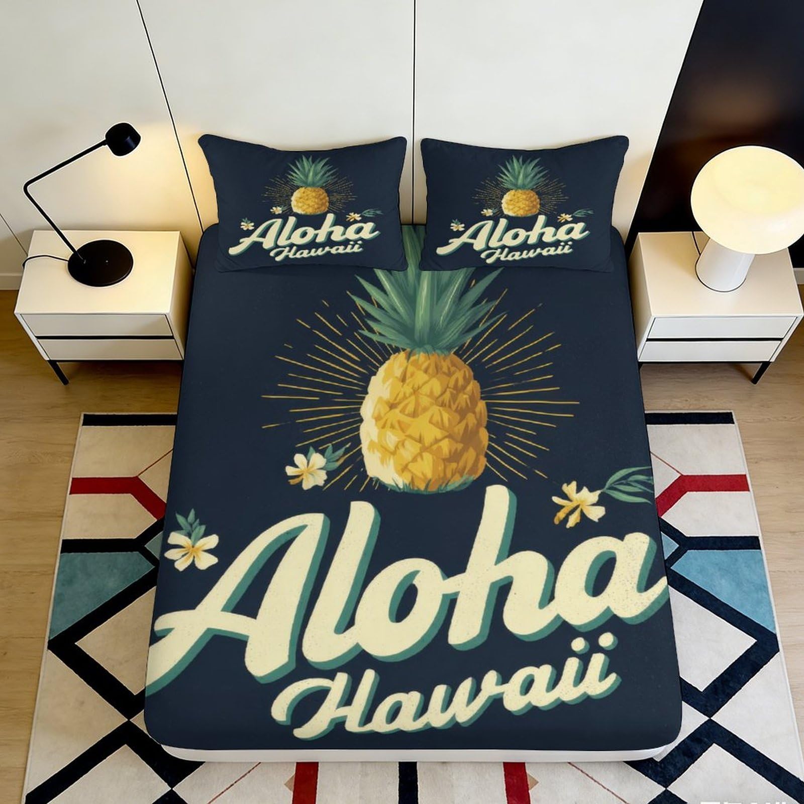3D Printed Pineapple Aloha Fitted Sheet Microfiber Soft Breathable Tropical Bed Cover for Bedroom Dormitory Guest Room Mattress Protection Decor 180x200x25cm