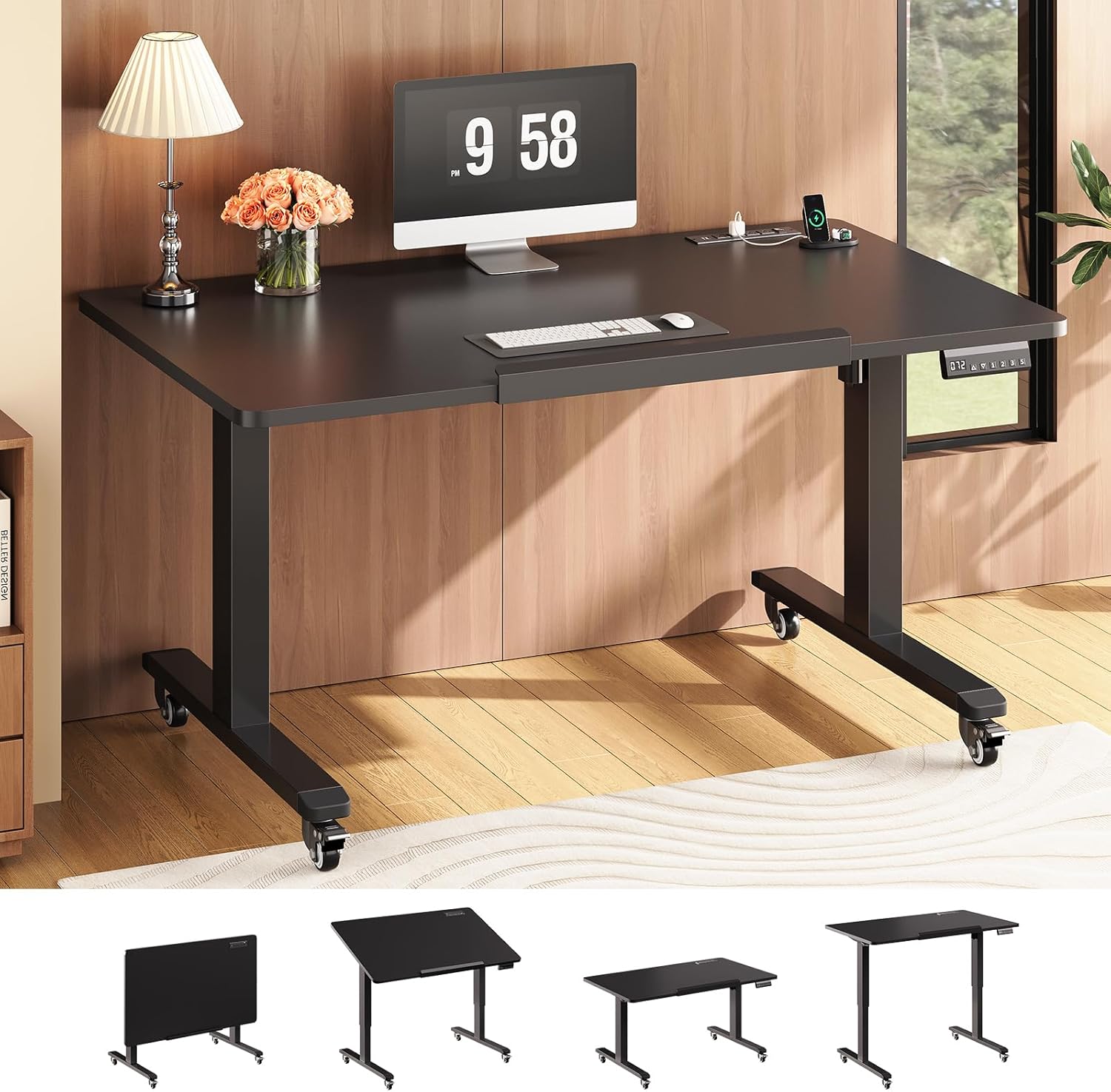 SEDETA 47 x 24 Inches Electric Standing Desk, 180° Tiltable Mobile Rising Computer Desk Height Adjustable with Wheels for Drawing/Writing/Gaming/Study/Home Office/Small Space, Black
