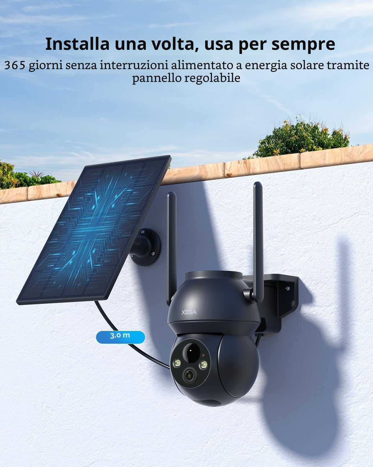 Xega 2 Pezzi Telecamera WiFi Esterno Senza Fili 2,4GHz, HD PTZ Telecamere | con Pannello Solare Batterie,Visione Notturna a Colori,Rilevamento Umano/PIR con Allarme,Audio Bidirezionale,TF/Cloud,IP66