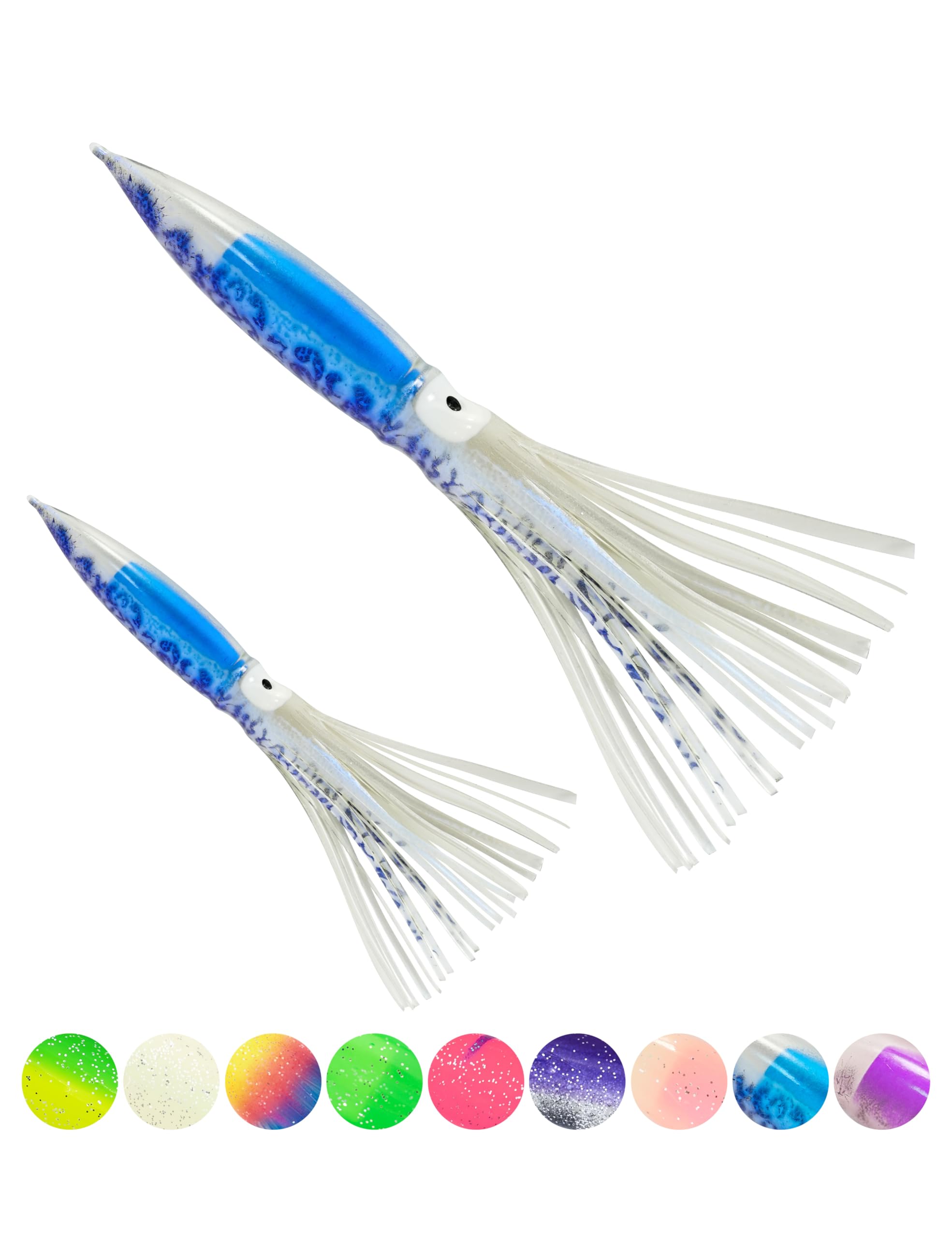 BLUEWING 10pcs Trolling Squid Skirts Fishing Saltwater with Float Inside Octopus Lures for Tuna, Mahi, Marlin, Big Game Fish Crystal Blue 9in