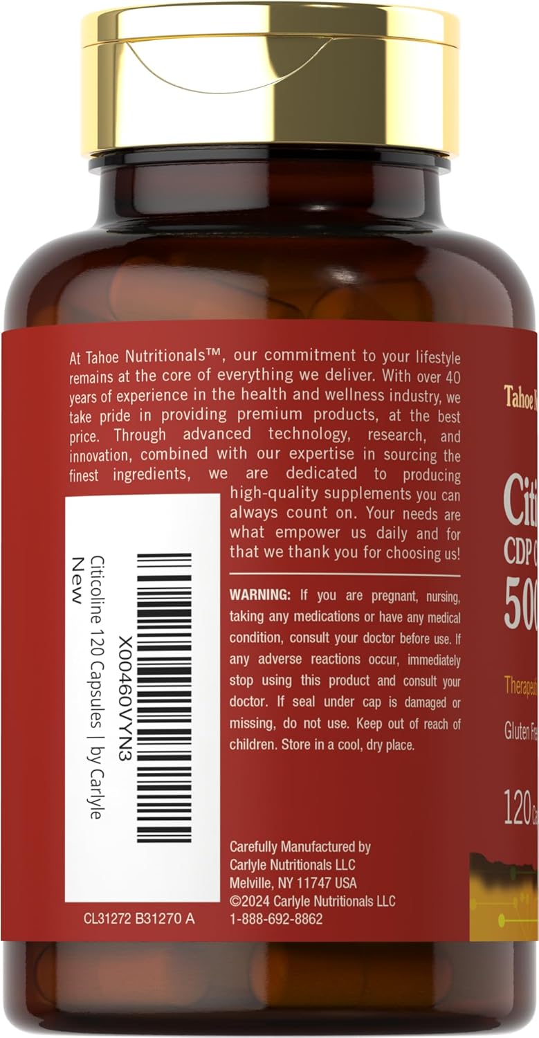 Tahoe Nutritionals Citicoline Supplement | 500mg | 120 Capsules | CDP Choline | Therapeutic Grade |Non-GMO and Gluten Free - Image 3