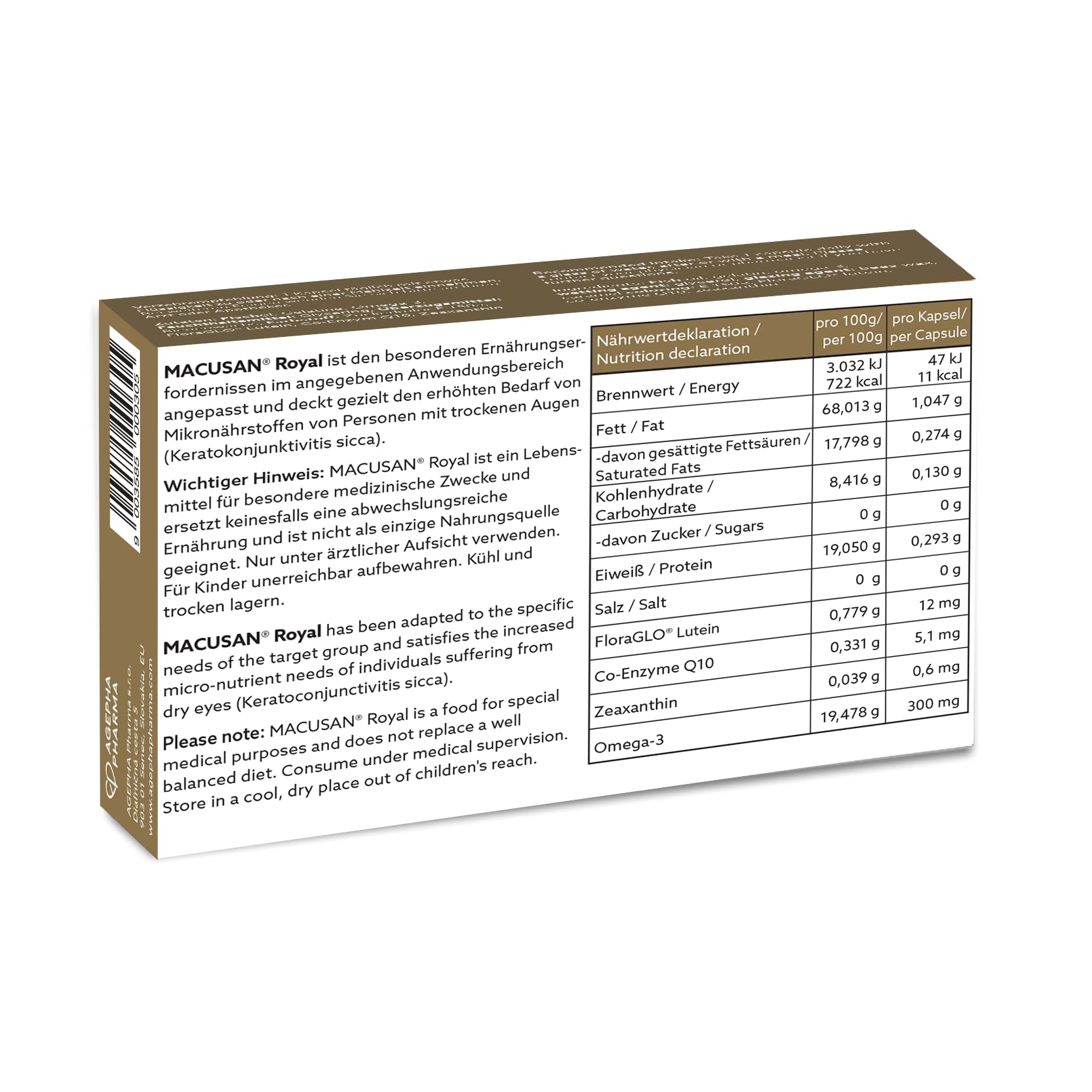 Macusan® Royal - Augenvitamine zur Behandlung bei trockenen Augen - Senkung des Risikos einer Altersbedingten Makuladegeneration (AMD) - Omega-3, Lutein und Zeaxanthin (30 Kapseln)