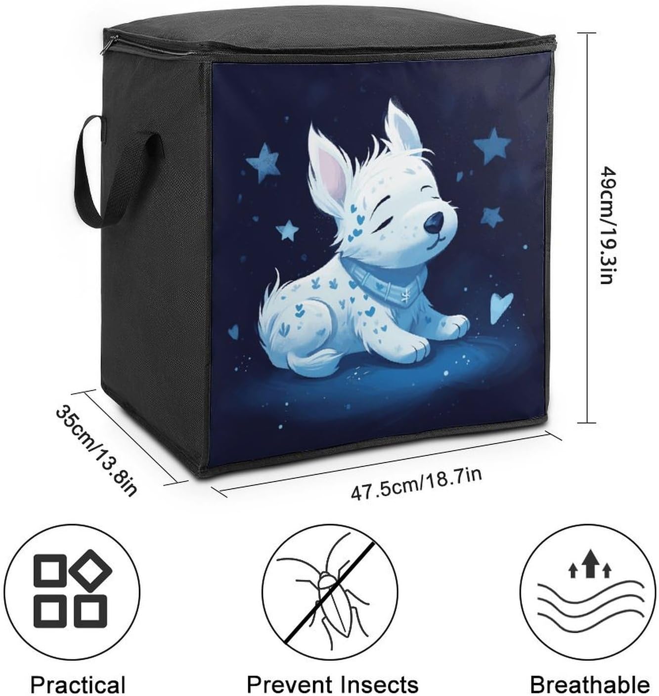 A White Dog Comforter Storage Bag Moving Bag | Clothes Storage Bins-70L,Moving Bag With Dual Handles For Easy Carrying, Zipper Design Durability for Home,Bedroom,Closet