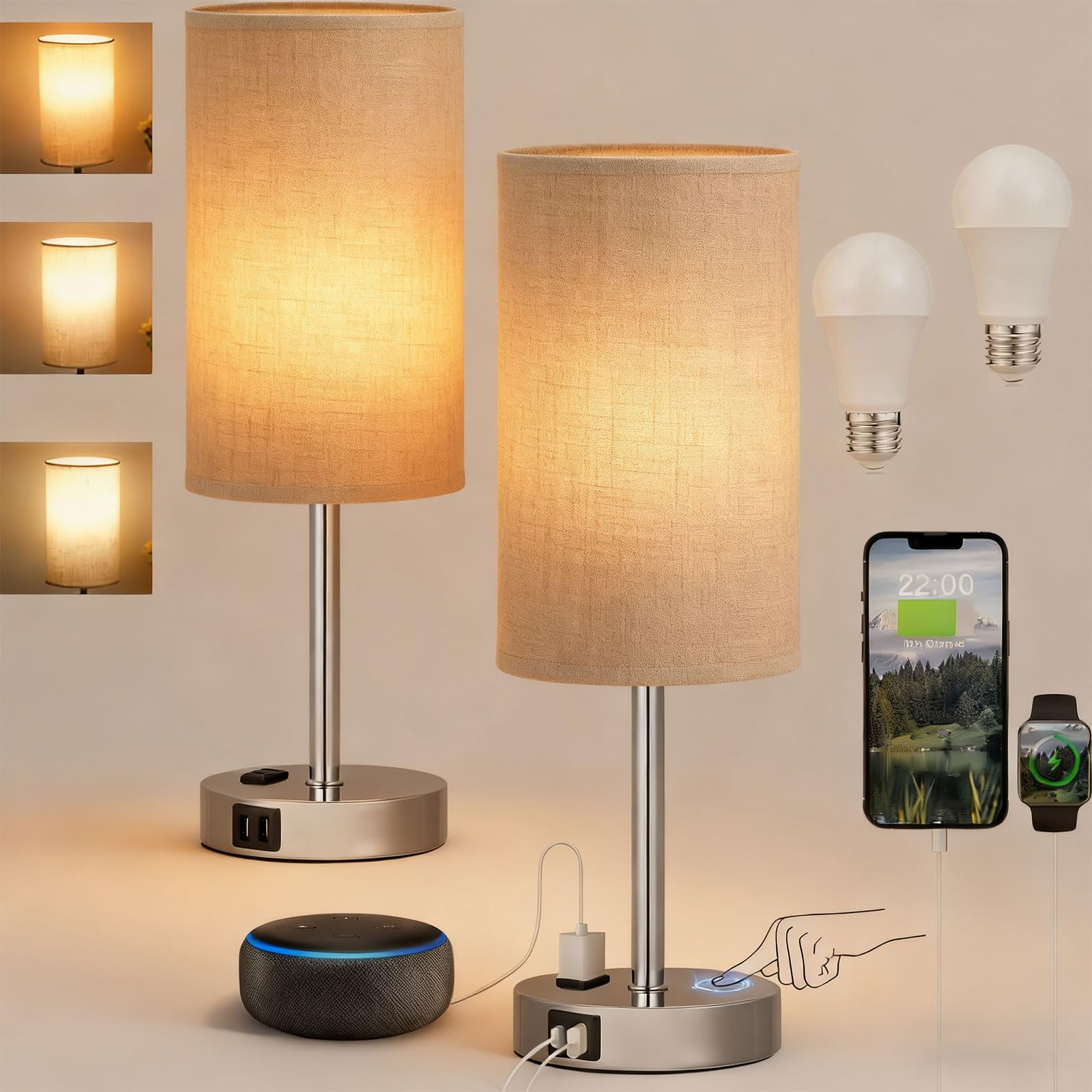 Hcosmy Set of 2 Touch Control Table Lamp White, 3-Way Dimmable Nightstand Lamps with 2 USB Ports&AC Outlet Fabric Round Bedside Table Lamps for Bedroom Living Room Desk, (English Standard)