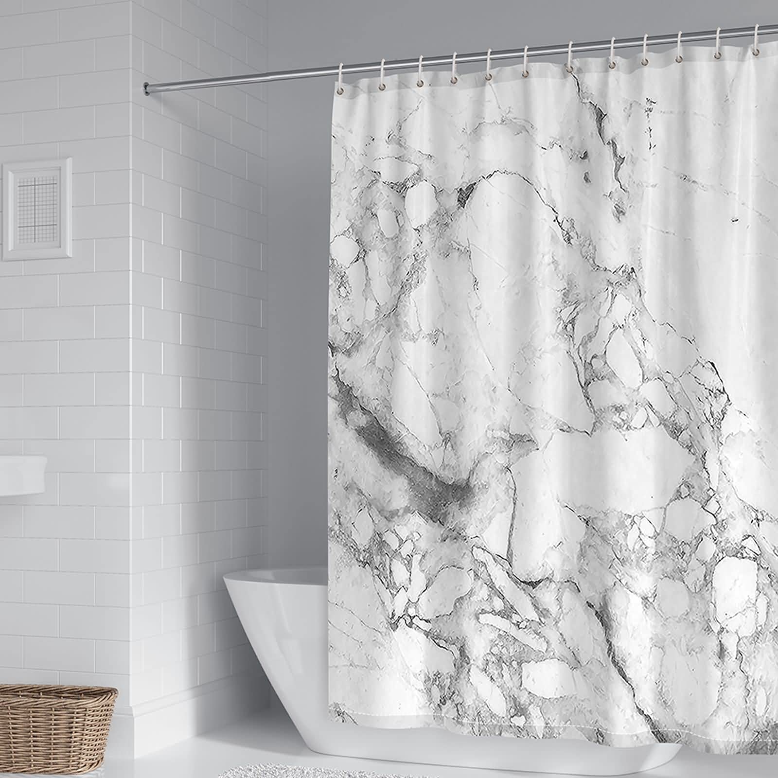 Rideau de douche marbre blanc gris hydrofuge polyester avec crochet