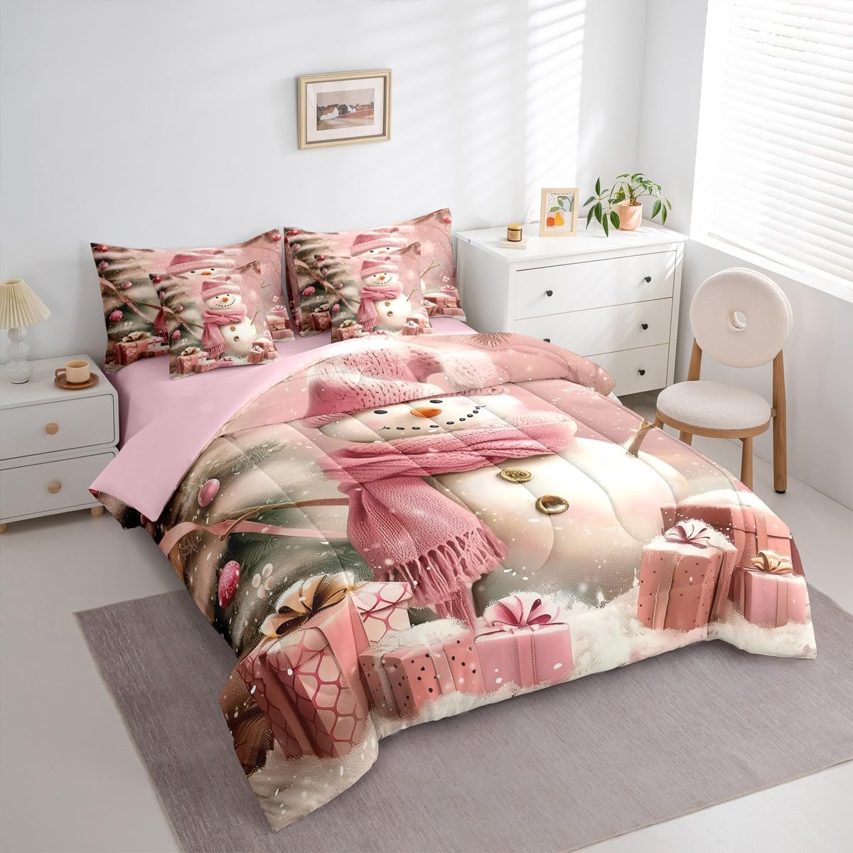 Erosebridal Pink Christmas Queen Comforter Set Cute Snowman Bed in a Bag with Flat and Fitted Sheet Winter Xmas Ornaments 7-Piece Bedding Set Cute Christmas Snowman Quilt Duvet Sets