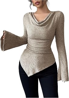 Women's Bell Sleeve Off The Shoulder Tops Ribbed Knit Asymmetrical Hem E...