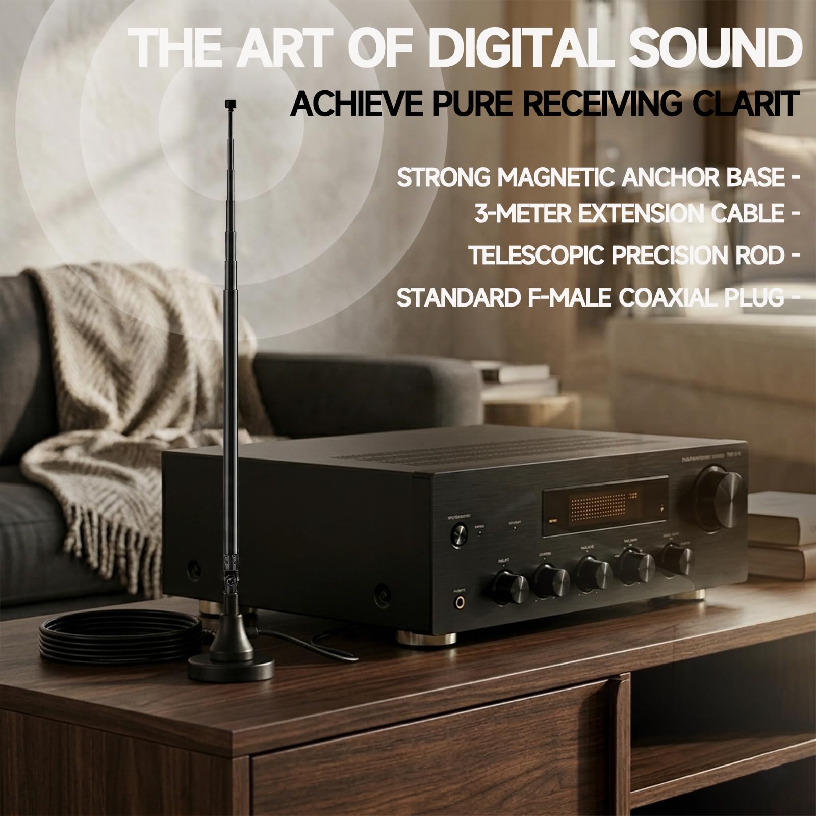 Bingfu Antenna Radio DAB+ FM, Antenna Telescopica Digitale con Base Magnetica, Cavo Coassiale 3 m, Set Adattatori, 75 Ohm per Ricevitore Stereo e Sistemi AV Casa