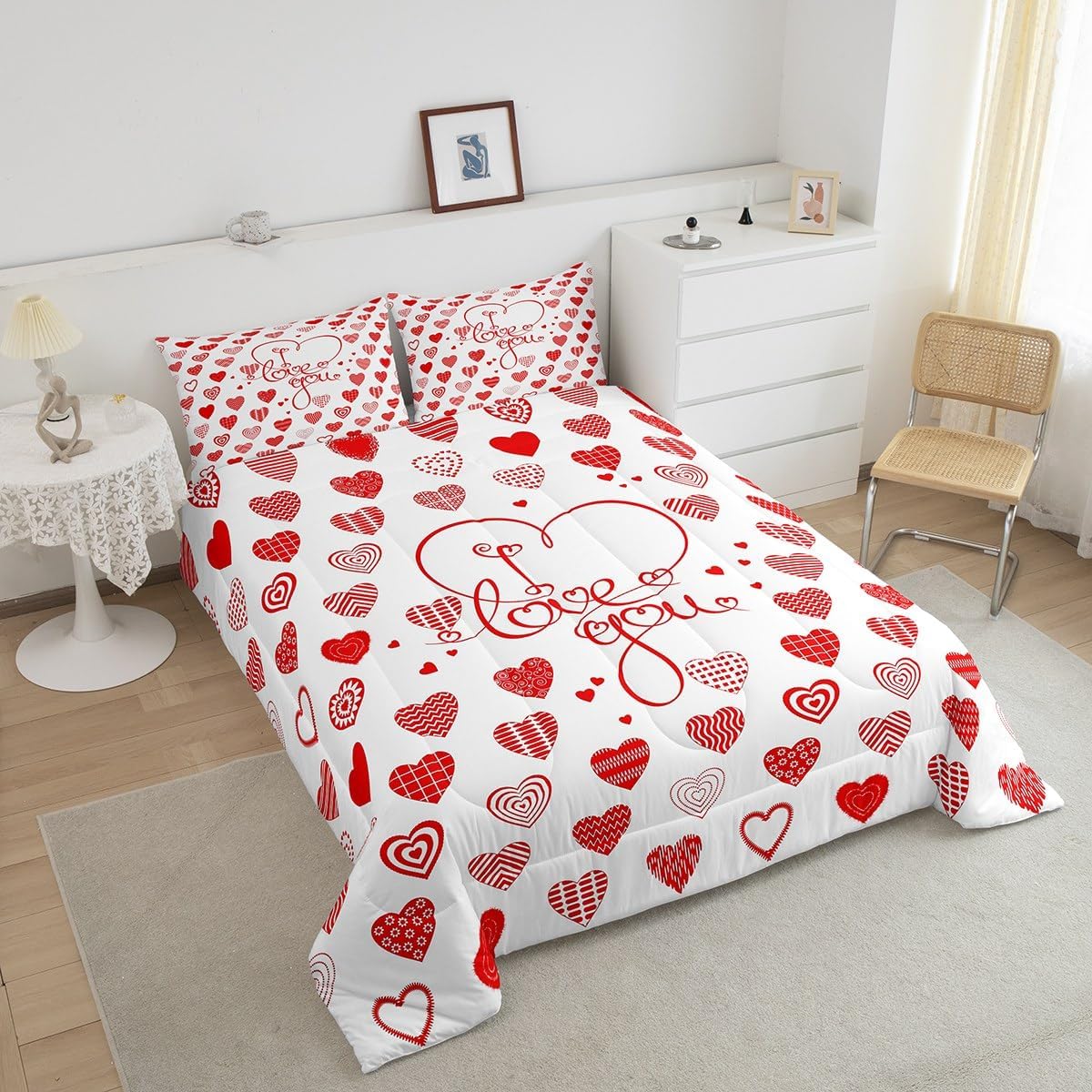 jejeloiu Kids Heart Love Comforter Set Queen Size Geometric Love Pattern Bedding Set for Boys Girls Teens Romantic Comforter Valentine's Day Red Duvet Set with 2 Pillow Case