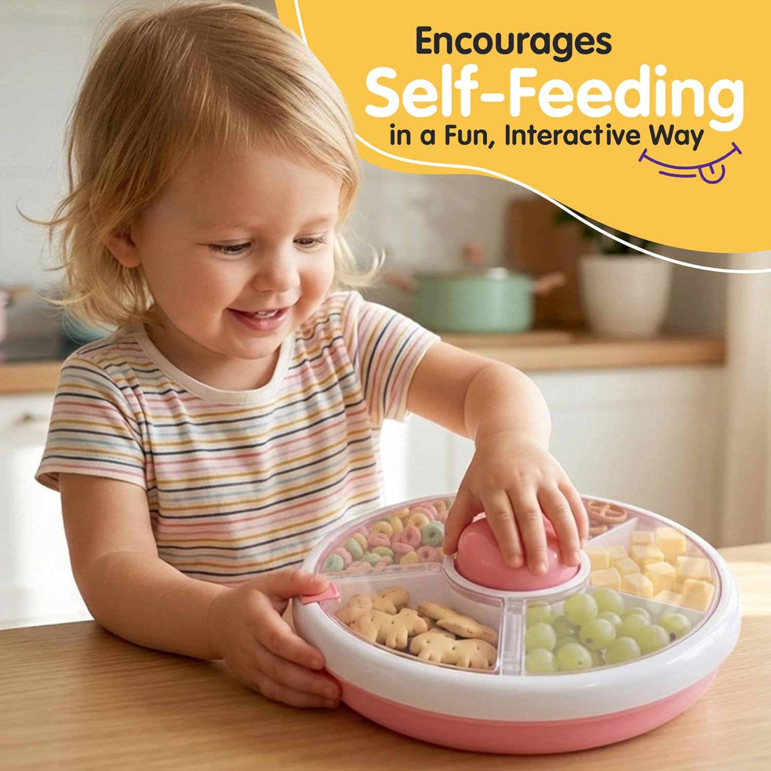 TRENDO Snack Spinner for Toddlers – Pink Rotating Snack Container, BPA & PVC-Free Baby Snack Box, Spill-Proof Toddler Snack Container with Hand Strap, 5 Compartments Travel Snack Box for Kids