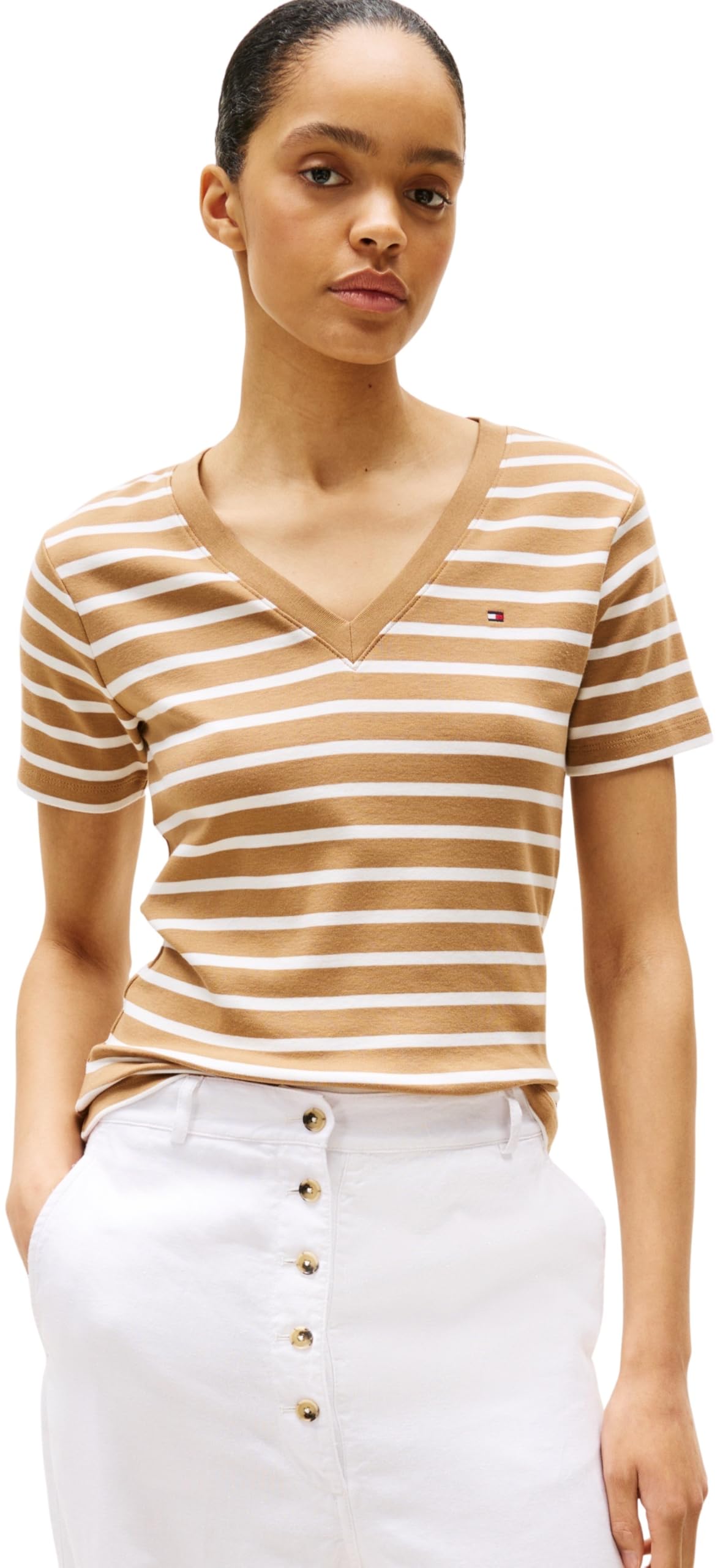 Tommy Hilfiger Women’s Short Sleeve T-Shirt New Slim Cody V-Neck, Multicolor (Hickory/Ecru STP), XXS