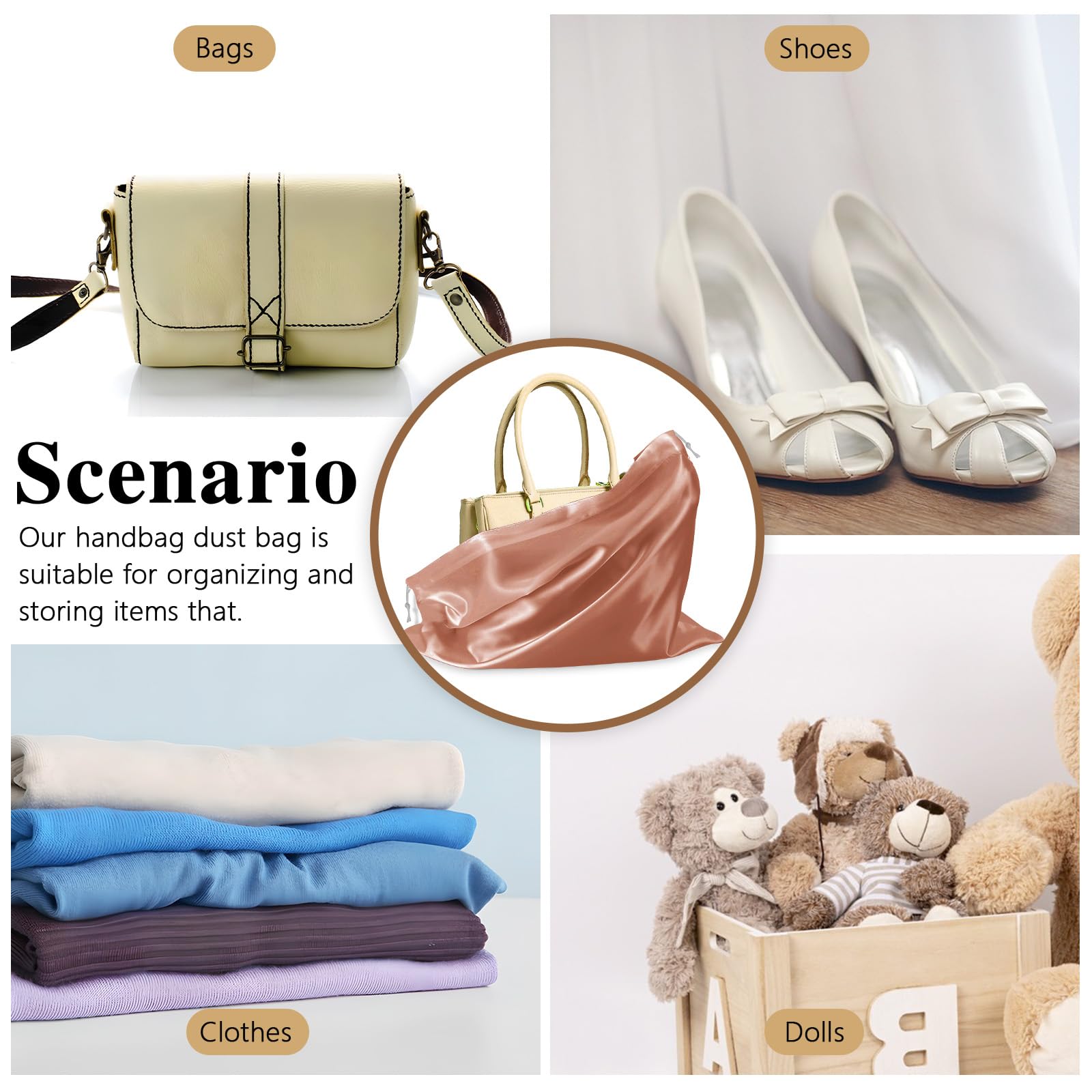 Lot de 16 housses de sac à main en soie anti-poussière avec cordon de serrage pour sacs à main, chaussures, sacs à main, bottes (noir), rose gold, Fashions