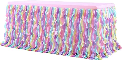 Miniatura 9 de Faldas de mesa tutú de unicornio con cubierta de mesa rosa para mesa rectangular de 6 pies, mantel ajustable con volantes arco iris para fiesta de