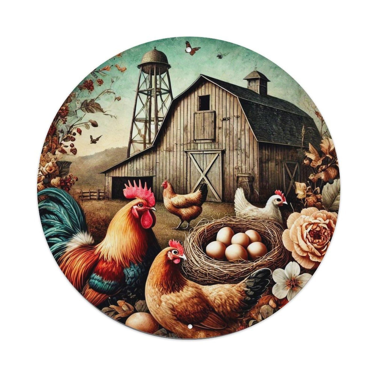 Farm Scene With Chickens And Eggs Tin Sign Metal Poster Vintage Metal Signs for Home Man Cave Bar Cafe Kitchen laundry room Wall Decorations 8x8 inches