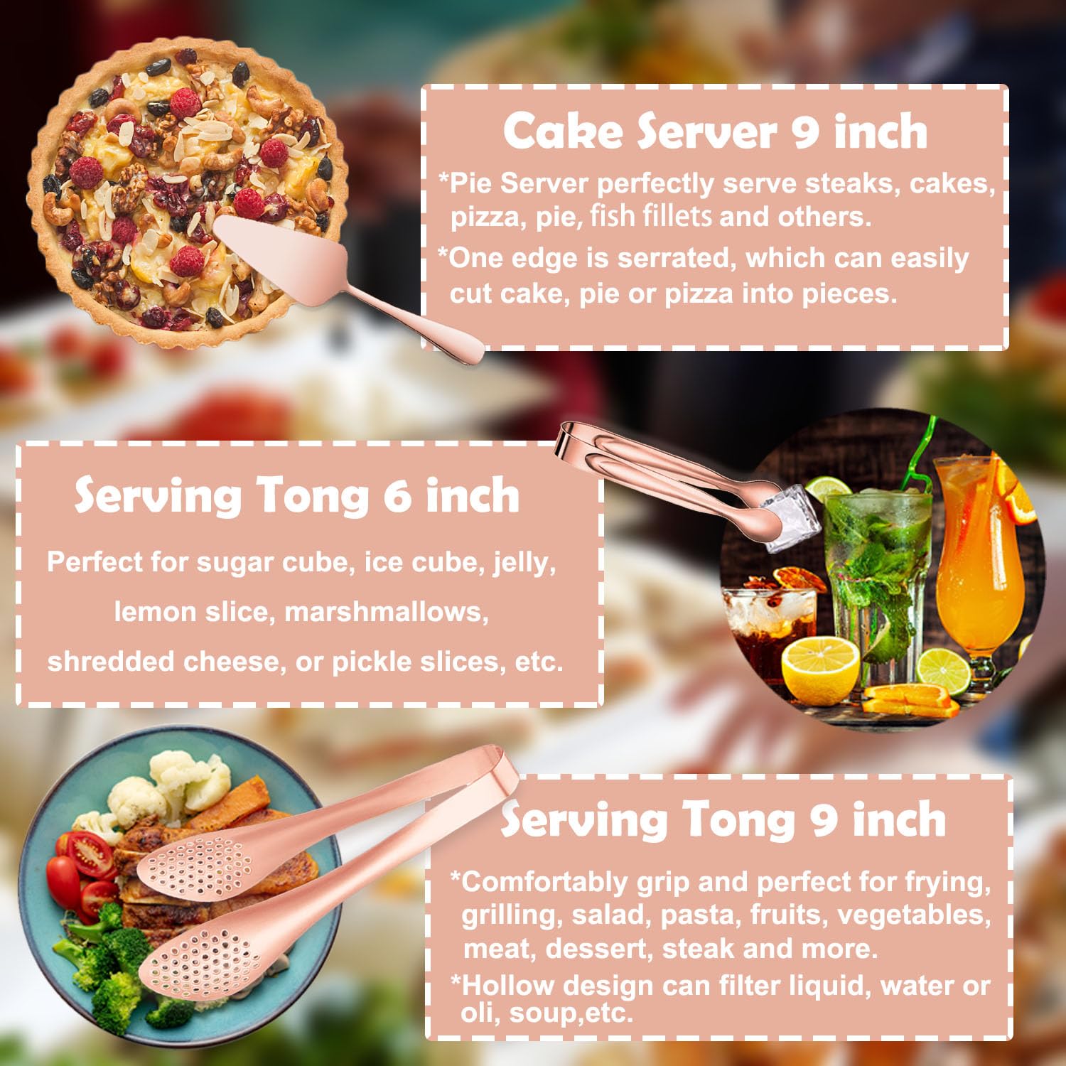 Servierutensilien, große Edelstahllöffel, Gabeln, Zange, Tortenheber, ideal für Gastgeberin, Buffet, Catering, Bankett, Party, Roségold, 11 Stück