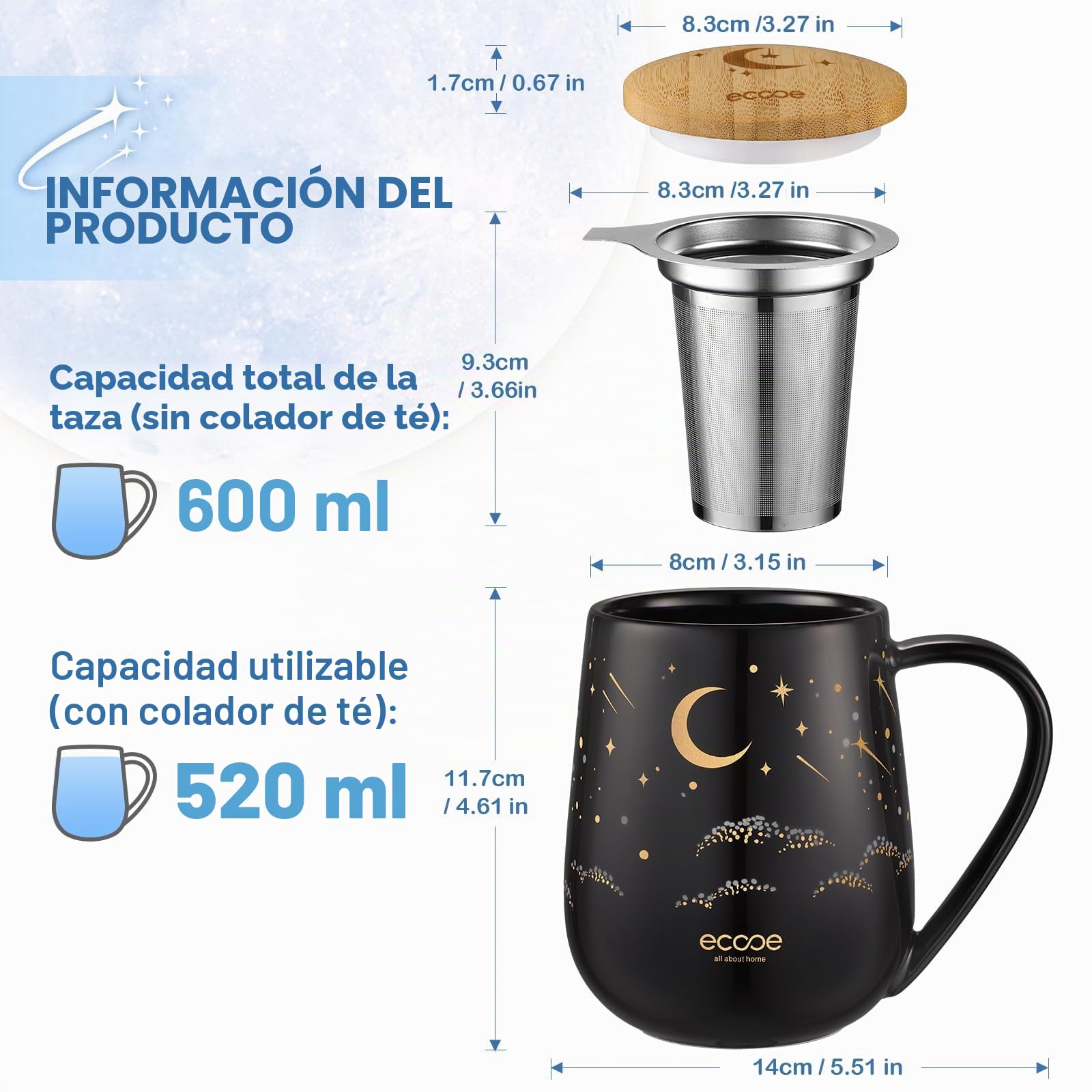 ecooe Taza de Té con Tapa y Colador, 600 ml, Grande de Cerámica Negra