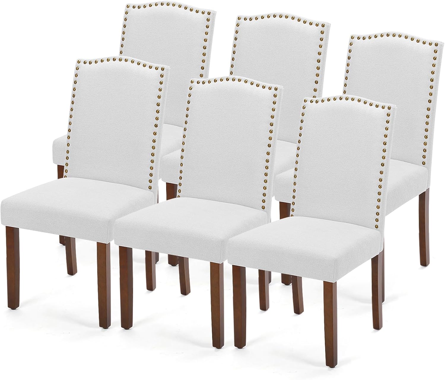 DUMOS Set of 6 Modern Upholstered Dining Chairs Light Grey Fabric Nailhead Trim Wood Legs Kitchen Side Chairs