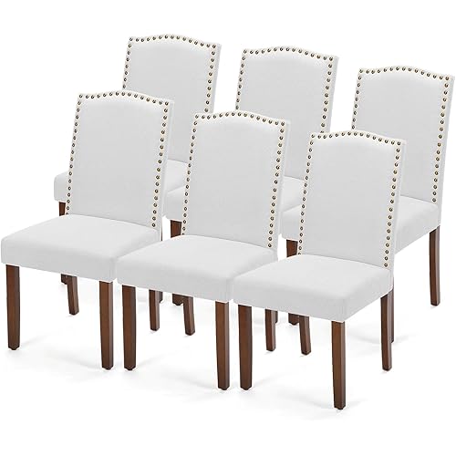 DUMOS Upholstered Dining Chairs，Set of 6 Fabric Dining Room Kitchen Chair with Nailhead Trim and Wood Legs, Modern Side Chairs for Living Light Grey